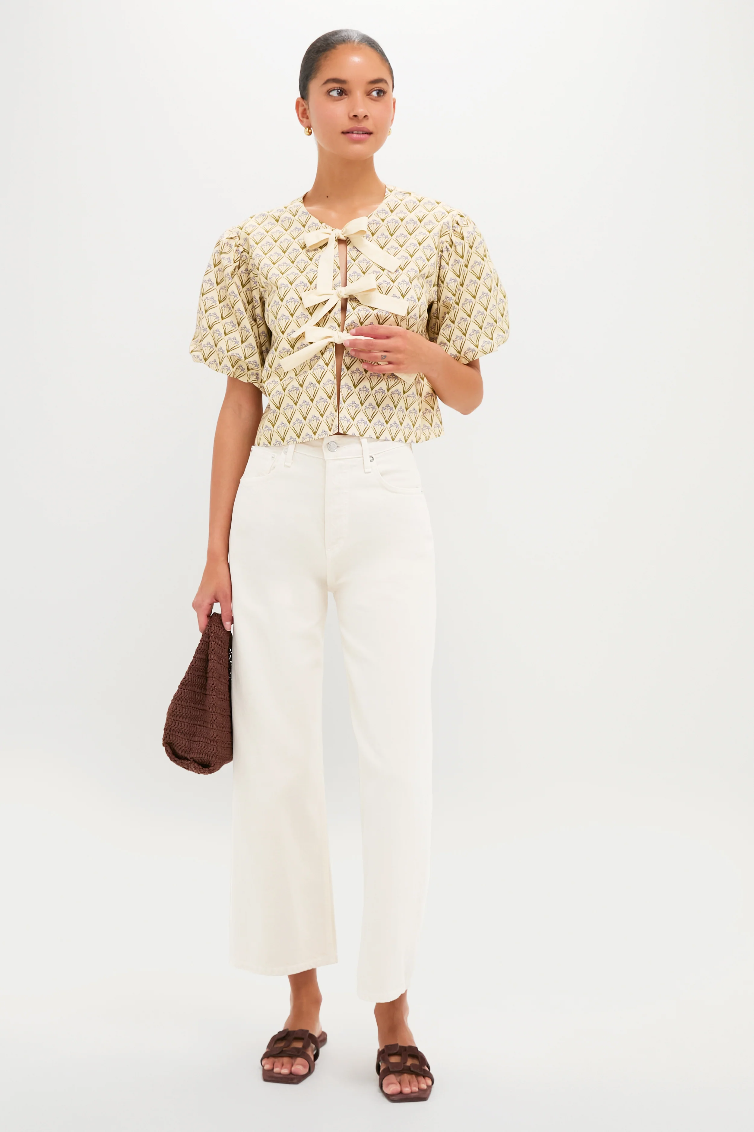 Beige Trellis Floral Tie Crossvine Blouse - Image 3
