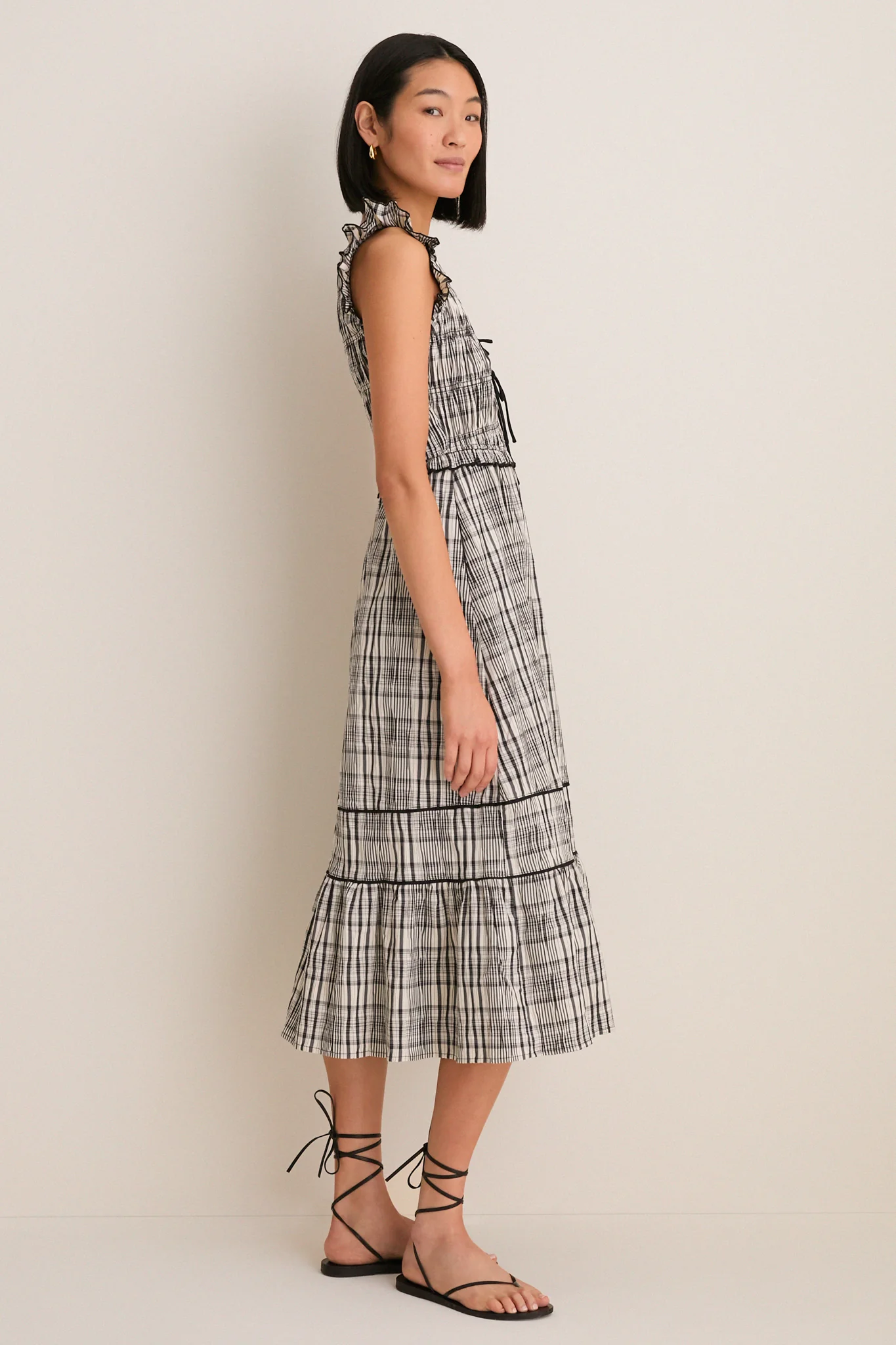Black and Ivory Plaid Lacey Smocked Tie Front Midi Dress - Image 4
