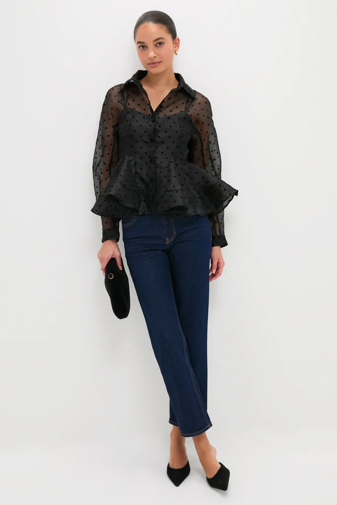 Black Flocked Organza Peplum Shirt - Image 2