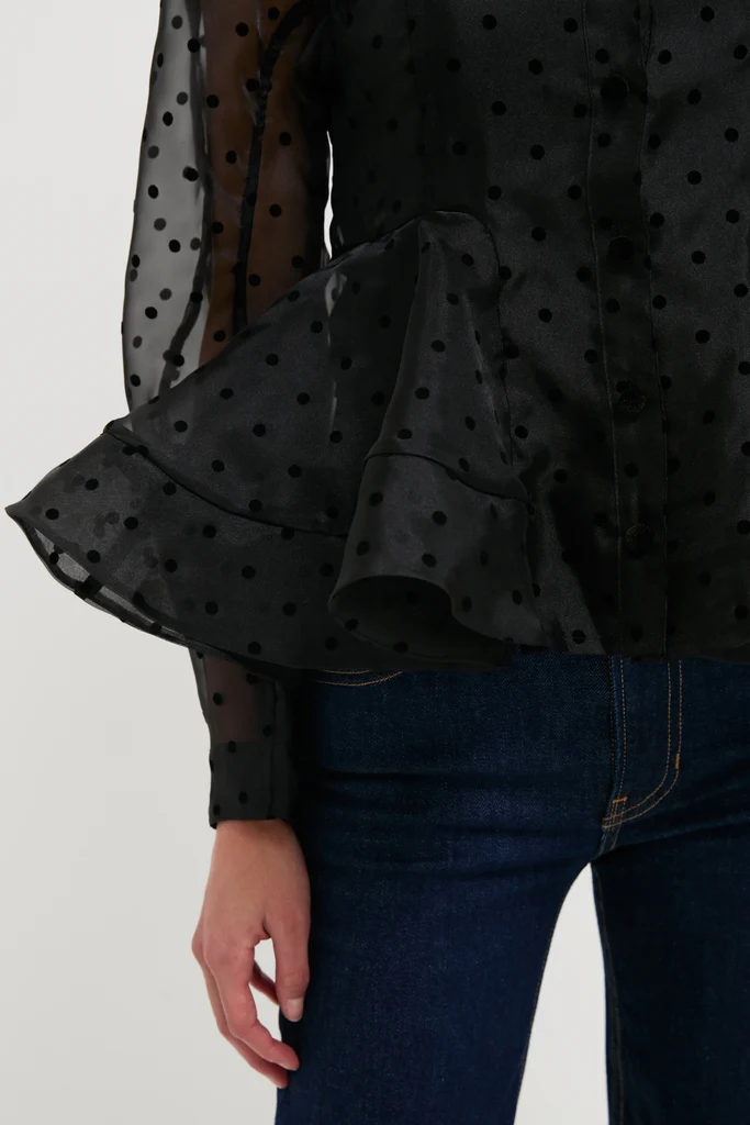 Black Flocked Organza Peplum Shirt - Image 5