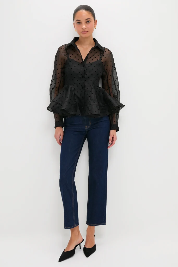 Black Flocked Organza Peplum Shirt - Image 6