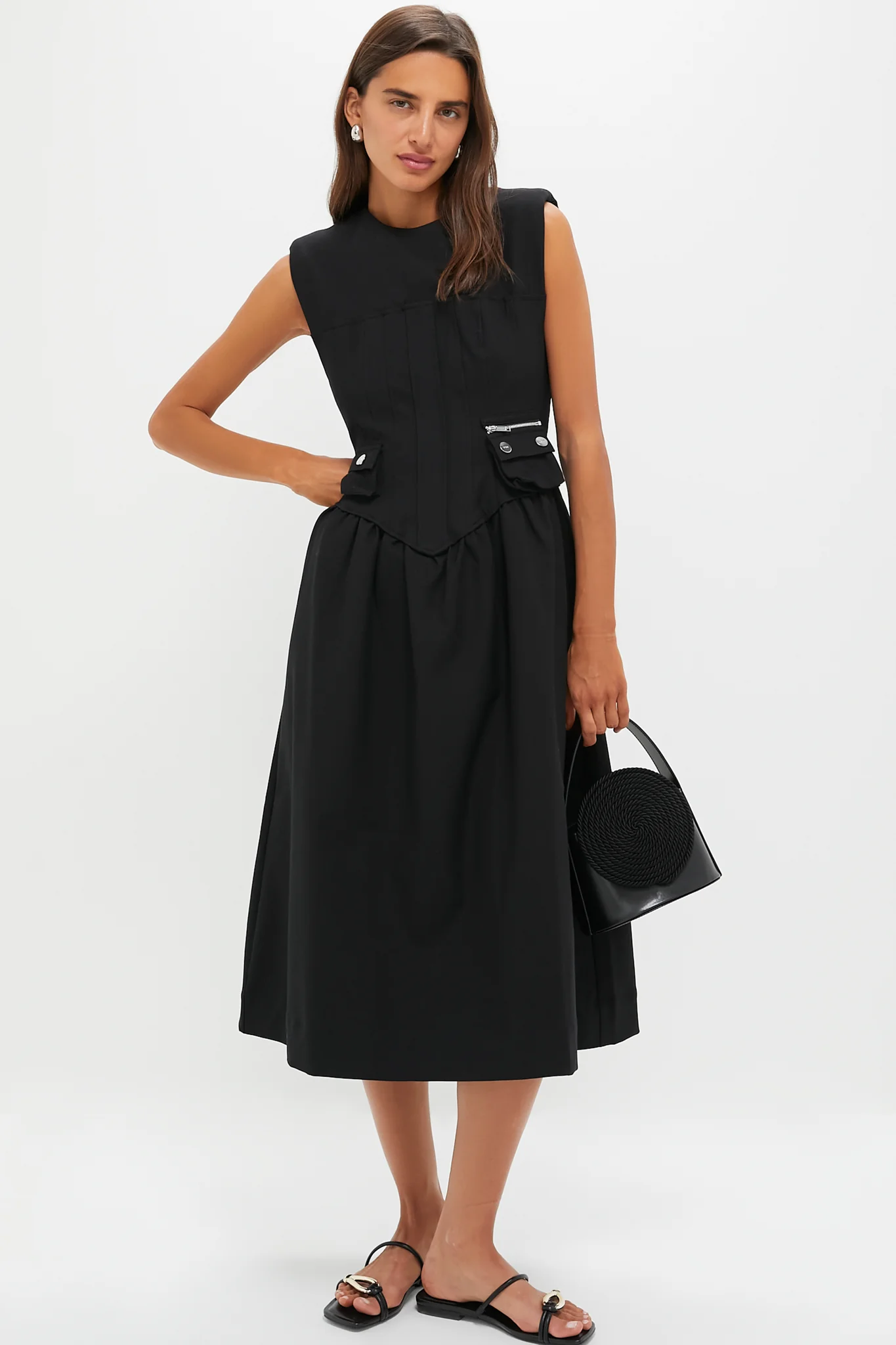 Black Heavy Cotton Tailoring Corset Midi Dress - Image 2
