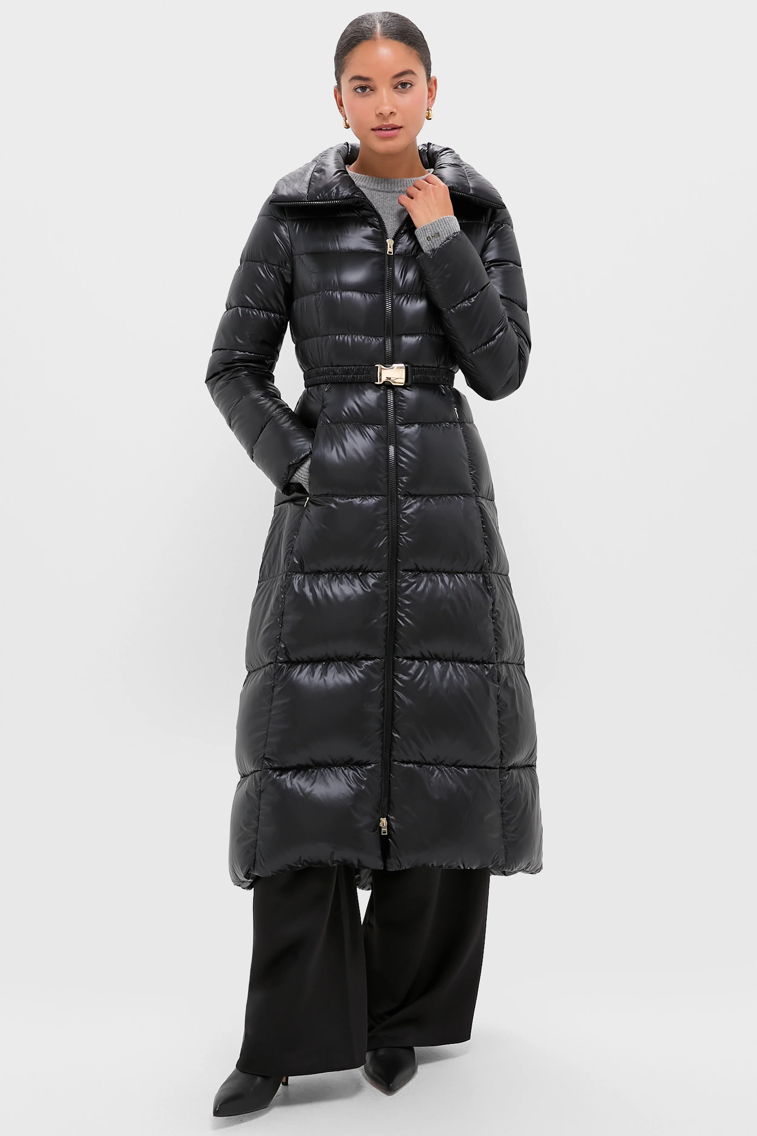 Black Nylon Ultralight Quilted Maxi Coat with Elastic Belt