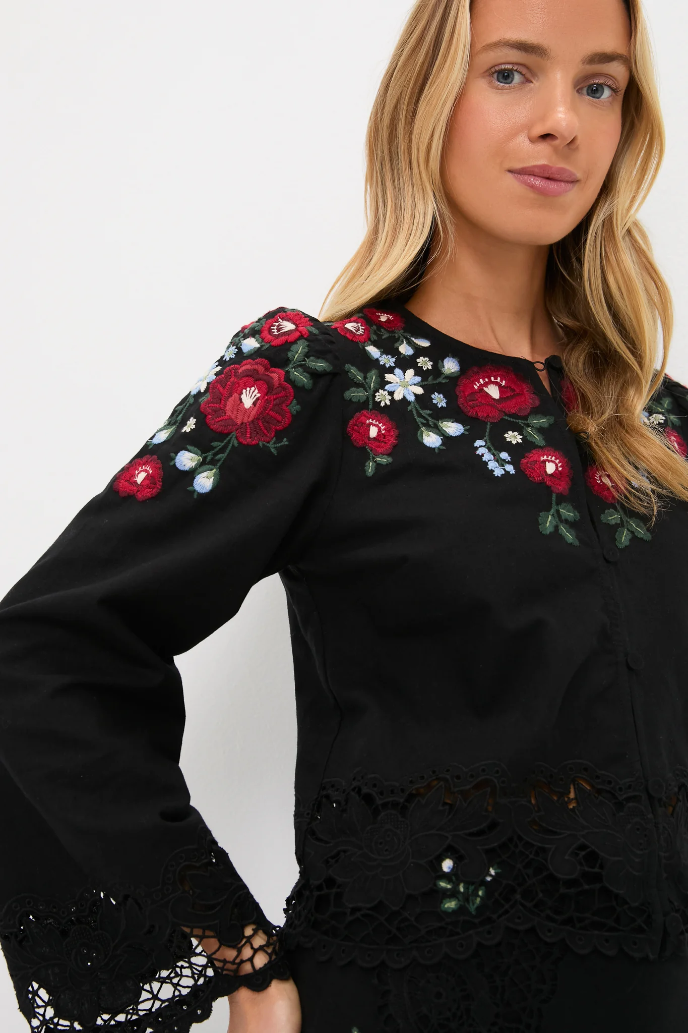 Black Rosaline Embroidery Long Sleeve Button Up Top - Image 5
