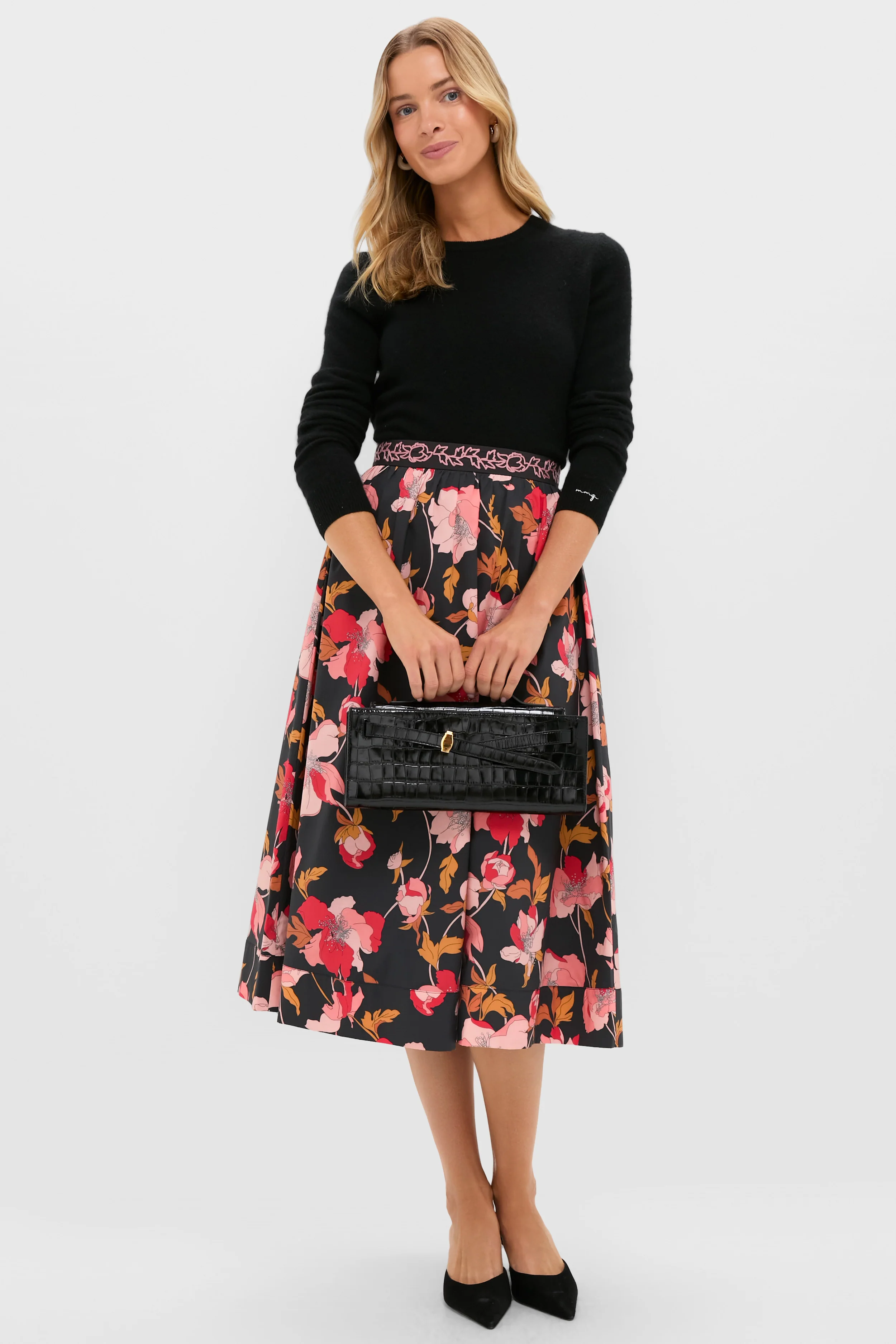 Black & Shades of Pink Floral Embroidered Sia Maxi Skirt - Image 3