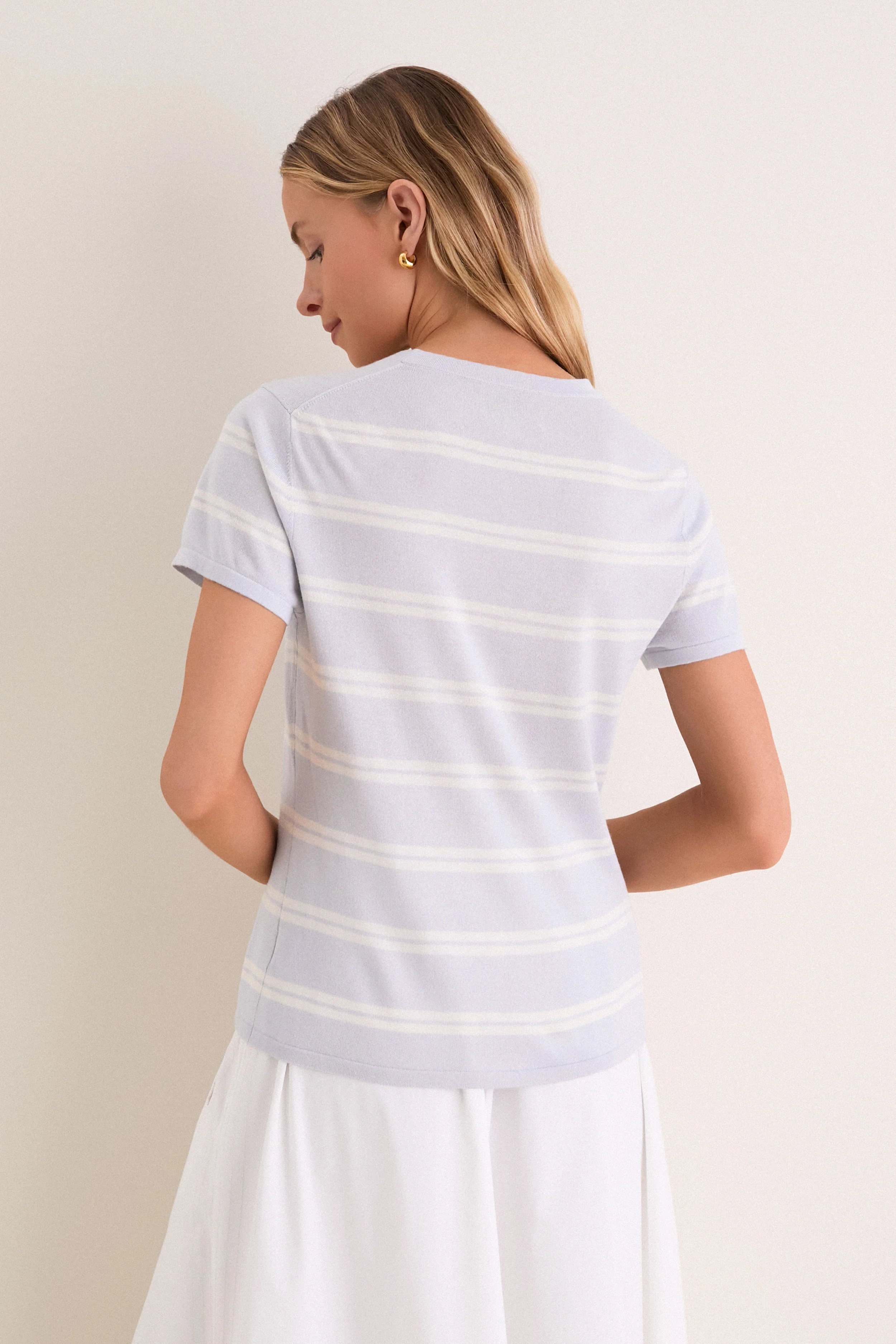 Blue and Ivory Stripe Cashmere Silk Katie Tee - Image 4