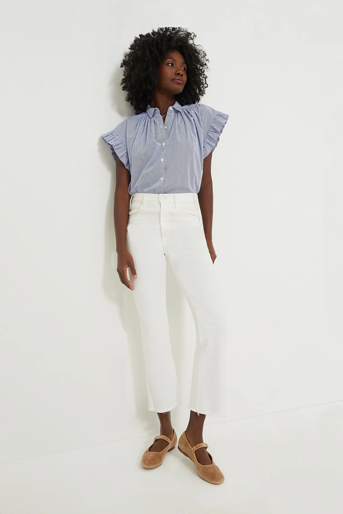 Blue and White Stripe Marianne B Ruffle Sleeve Shirt - Image 2