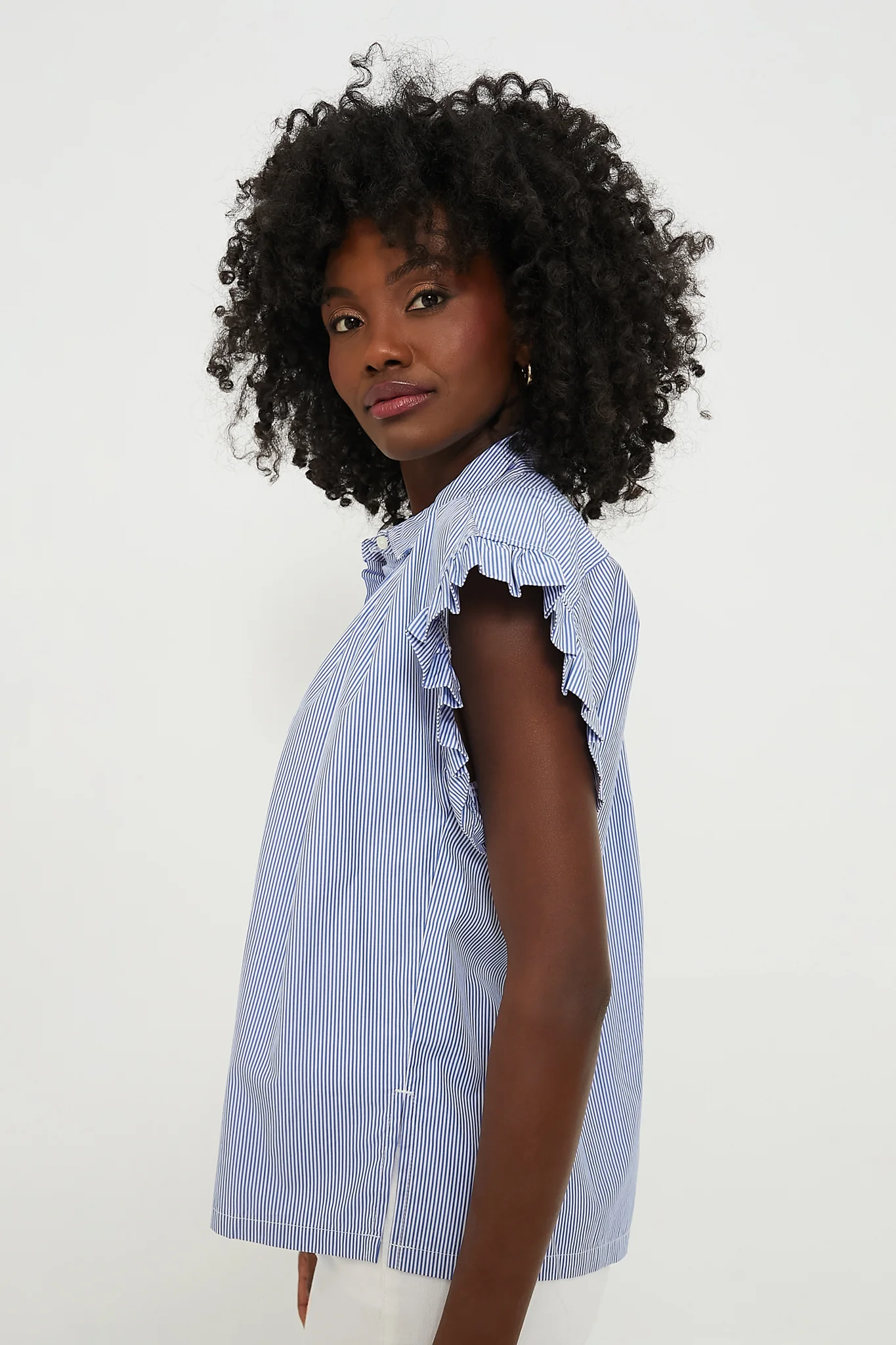 Blue and White Stripe Marianne B Ruffle Sleeve Shirt - Image 3