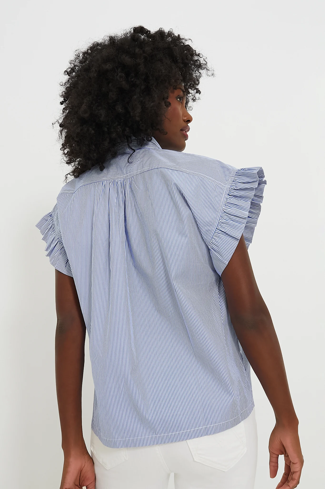 Blue and White Stripe Marianne B Ruffle Sleeve Shirt - Image 4