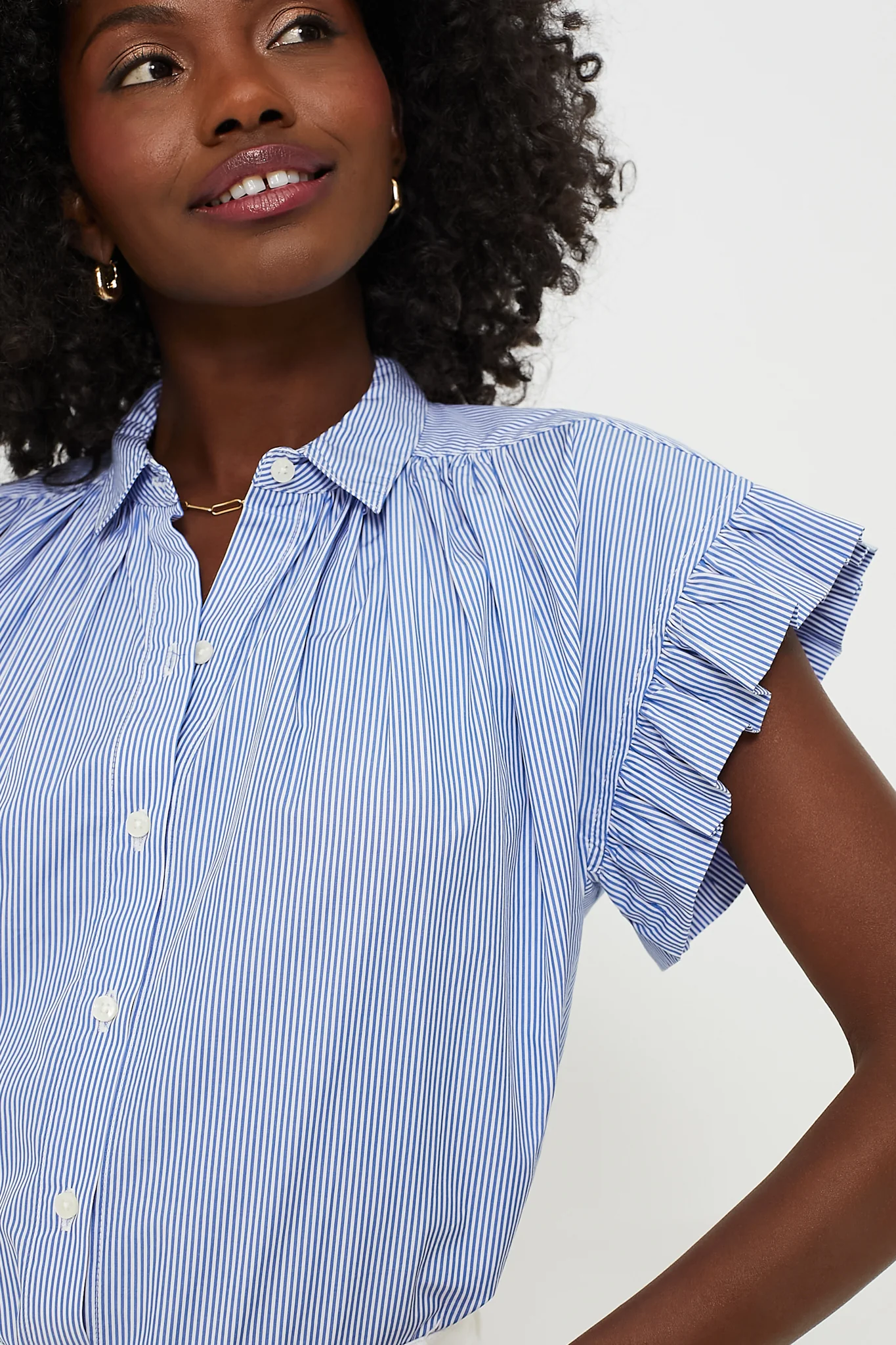 Blue and White Stripe Marianne B Ruffle Sleeve Shirt - Image 5