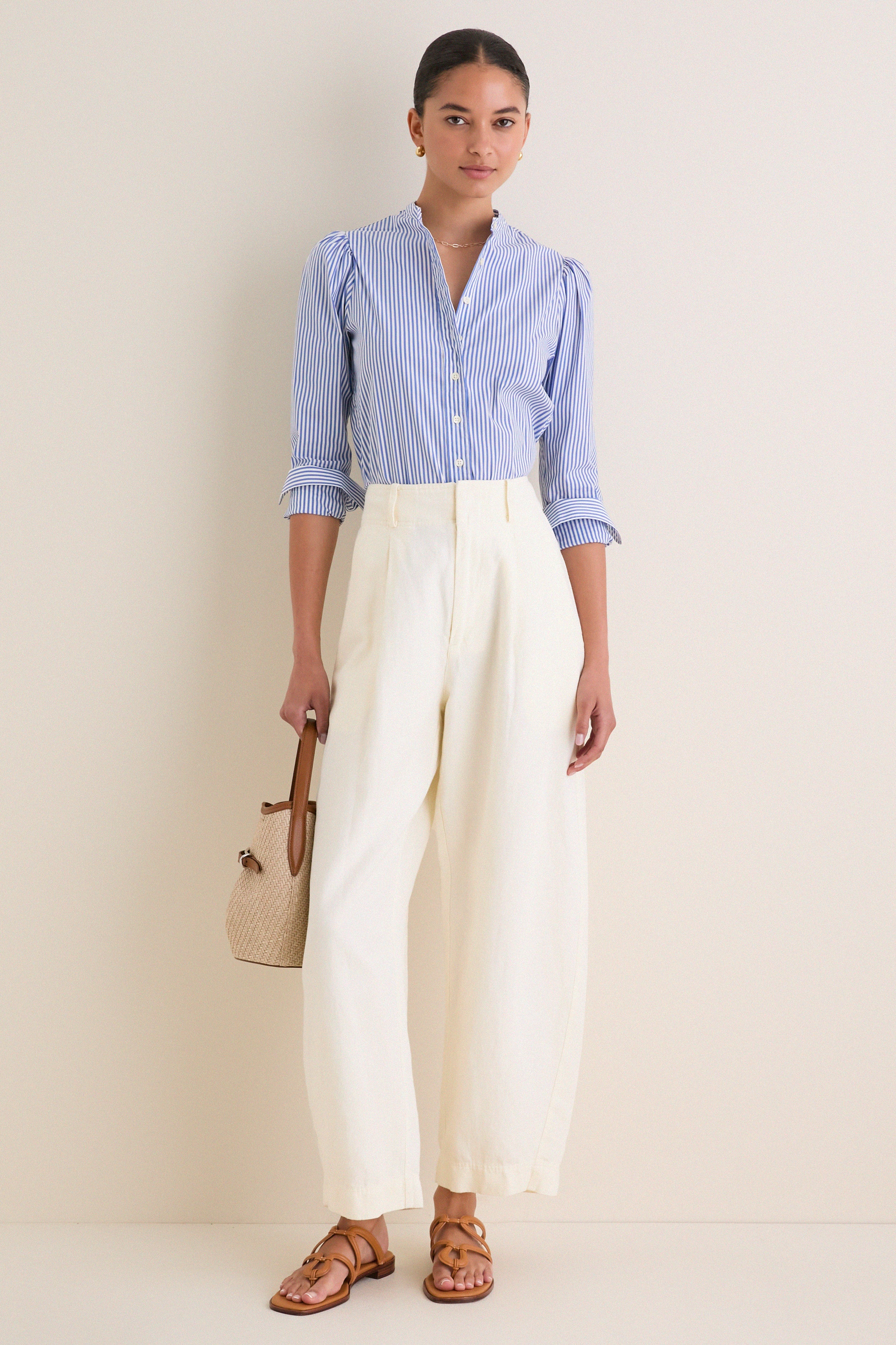 Blue and White Stripe Puffed Shoulder Shirt - Image 2