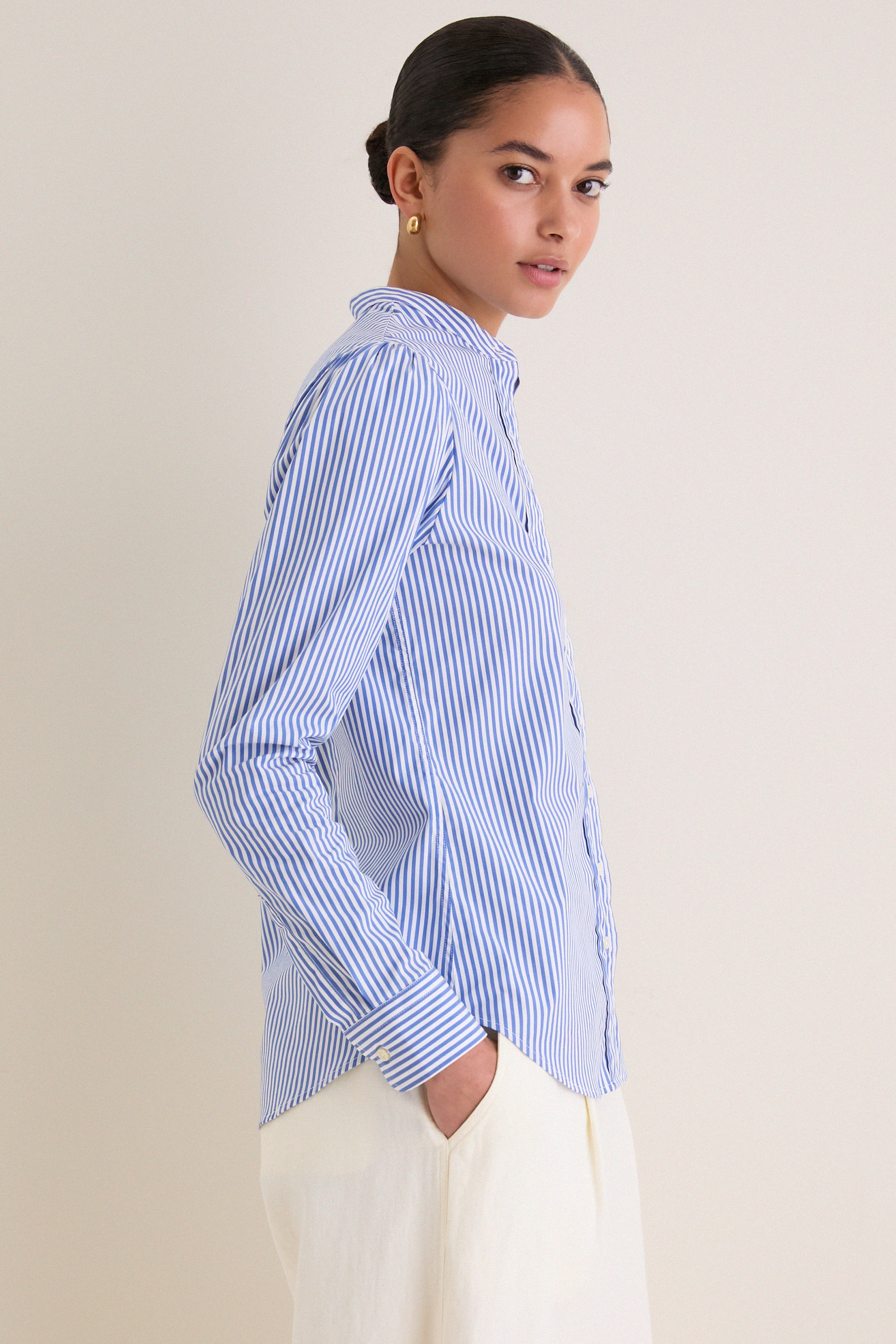 Blue and White Stripe Puffed Shoulder Shirt - Image 3