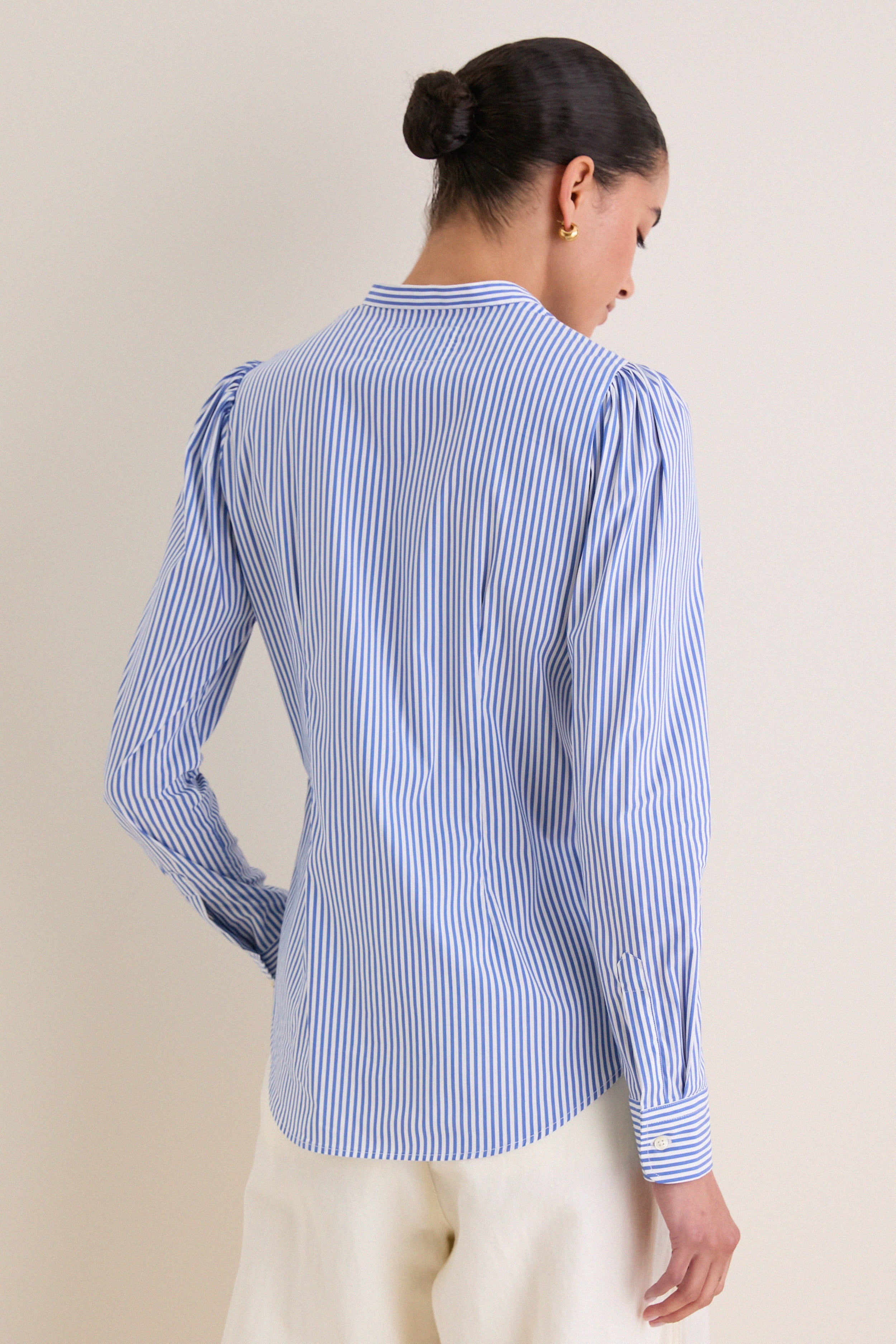 Blue and White Stripe Puffed Shoulder Shirt - Image 4