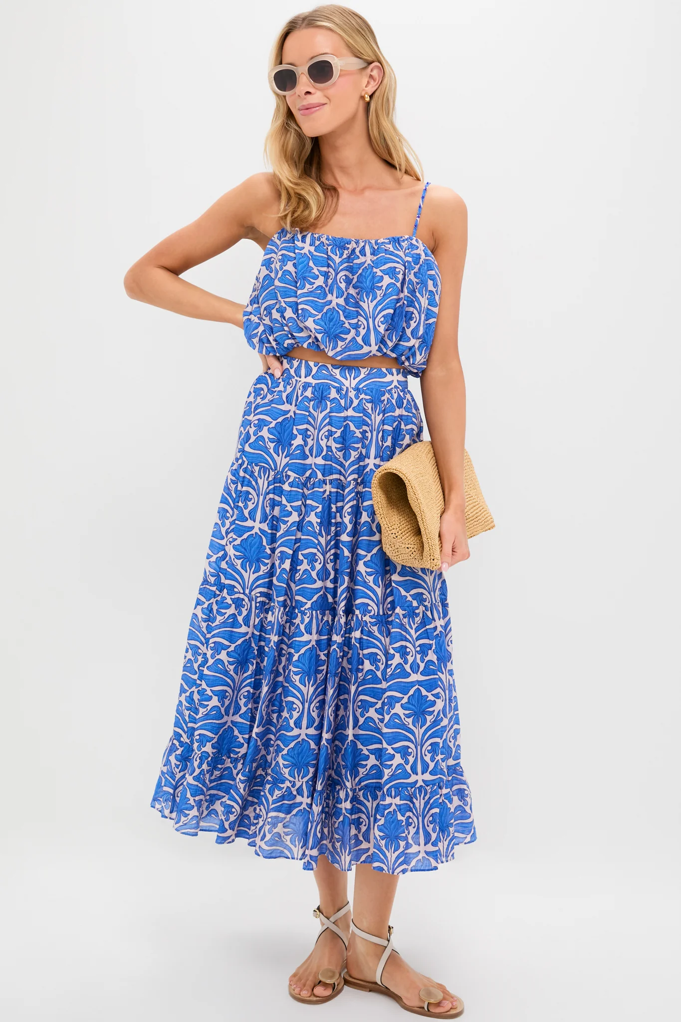 Blue Geometric Floral Porto Midi Skirt - Image 2
