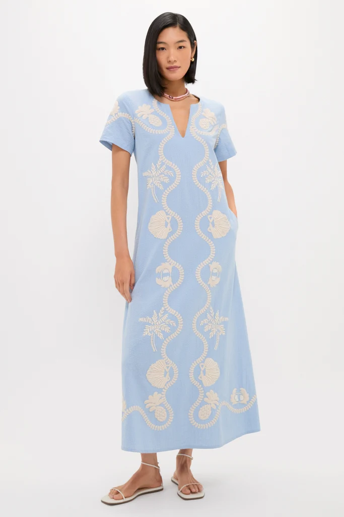 Blue Seersucker Embroidered James Dress - Image 2