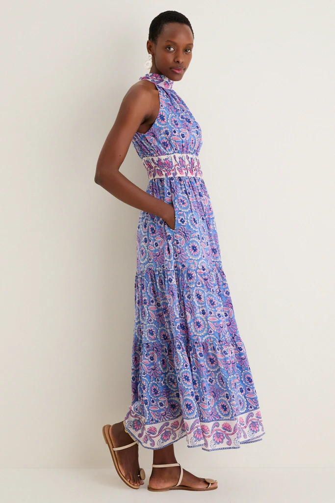 Blue with Pink Flowers Bella Halter Maxi Dress - Image 5