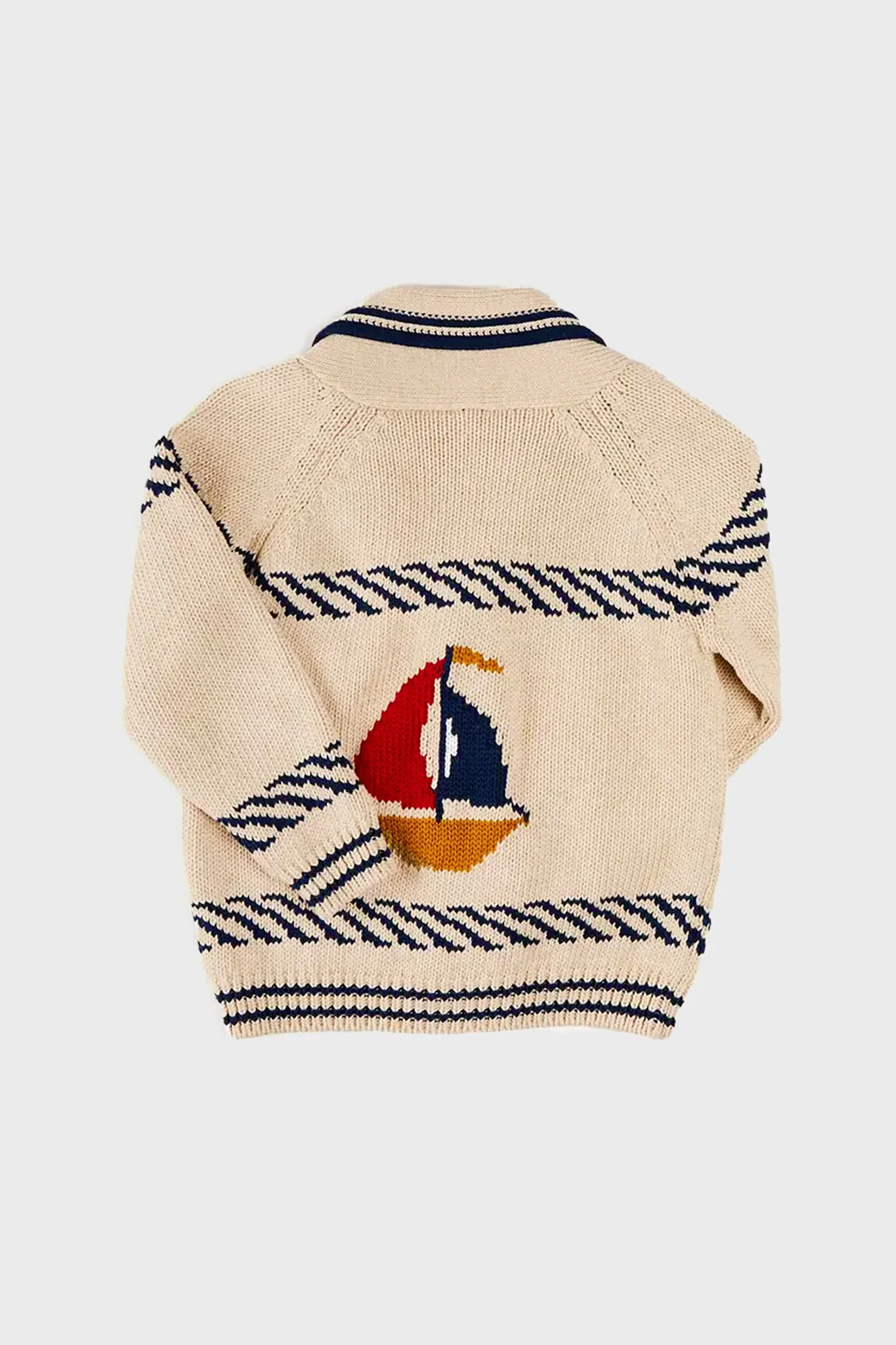 Boat Motif Shawl Neck Nautical Cardigan in Beige - Image 3