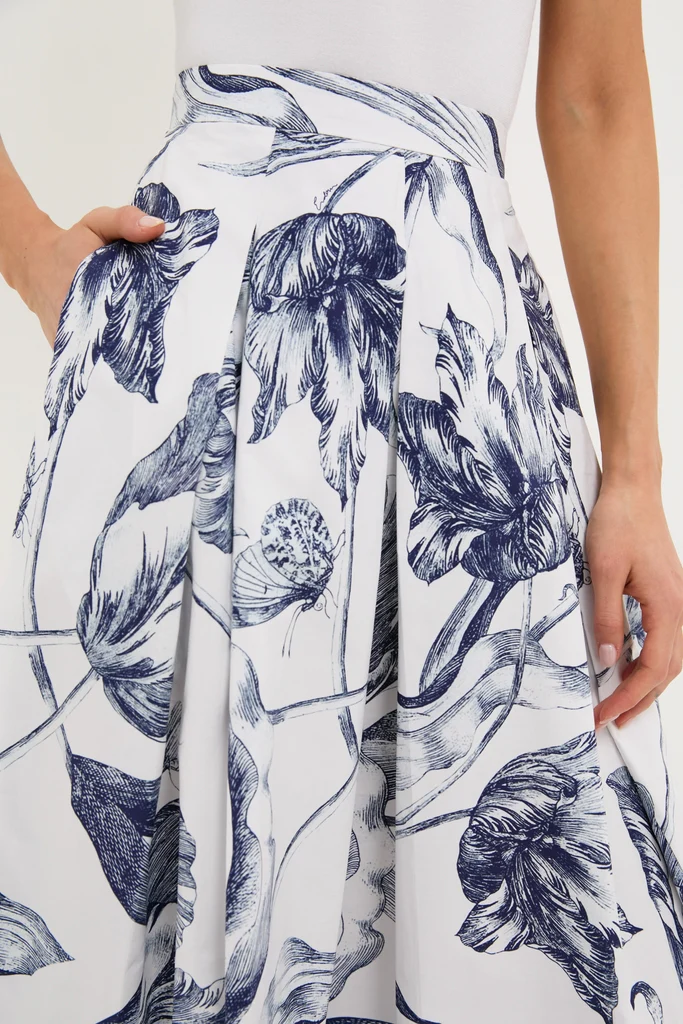 Botanical Engraving Ivory Pleated Midi Skirt - Image 5