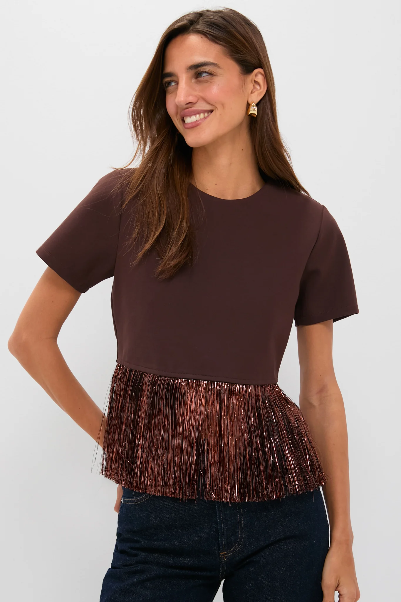 Bronze Metallic Fringe Francie Short Sleeve Blouse