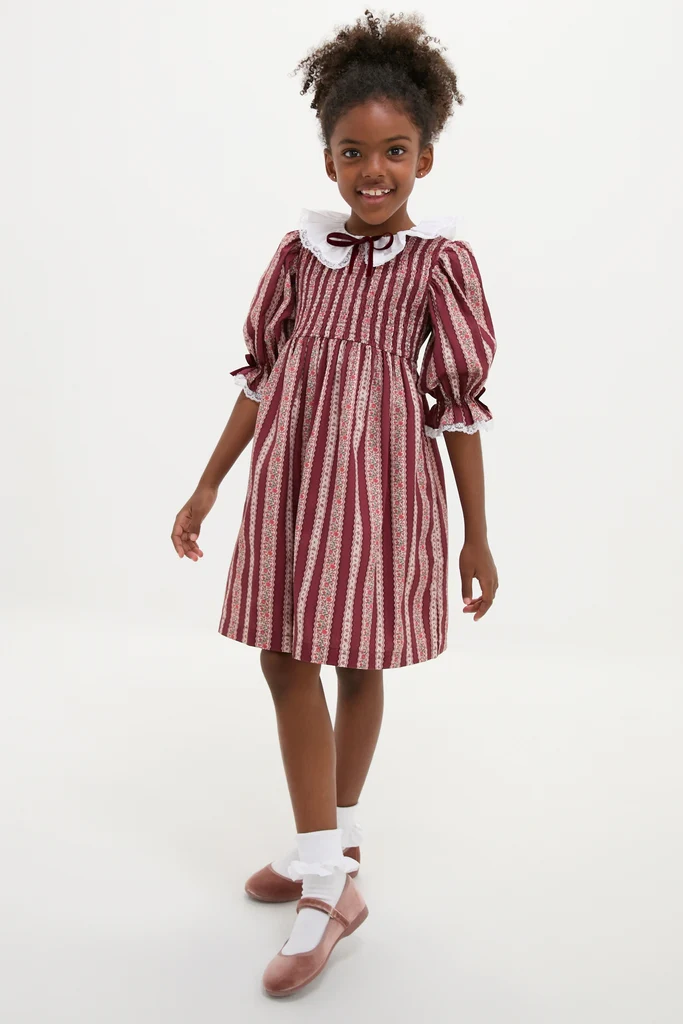 Burgundy Floral Stripe Festa Girl Hand-Smocked Dress - Image 2