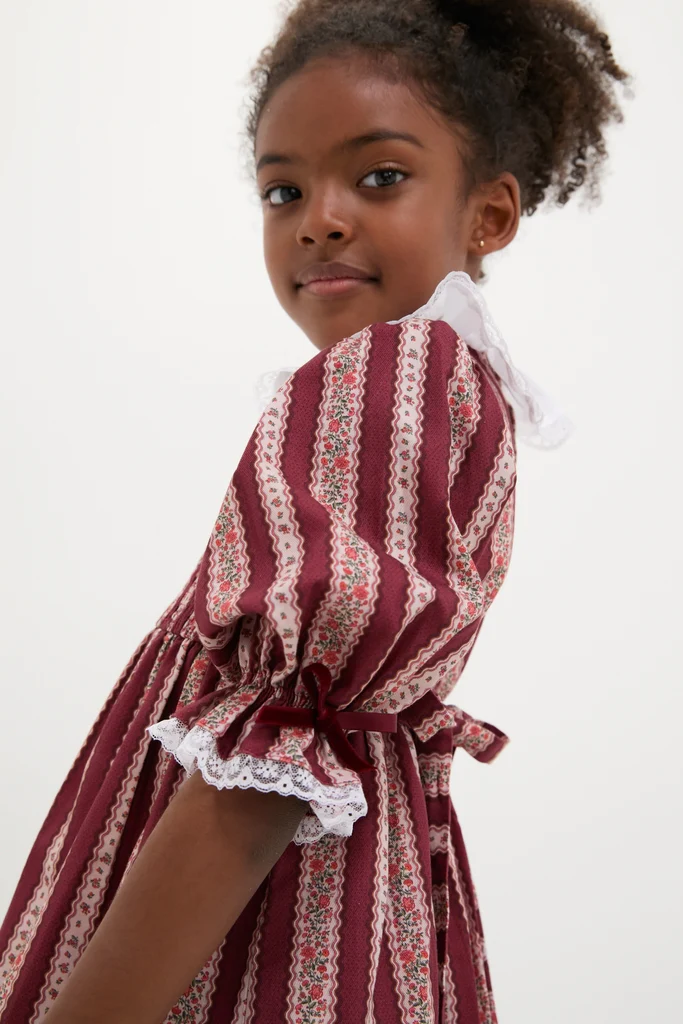 Burgundy Floral Stripe Festa Girl Hand-Smocked Dress - Image 3