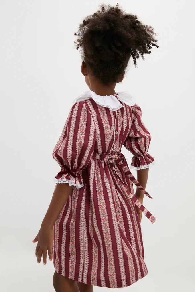 Burgundy Floral Stripe Festa Girl Hand-Smocked Dress - Image 4