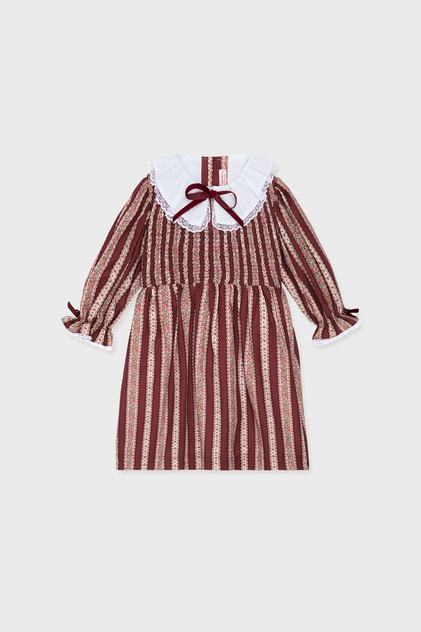 Burgundy Floral Stripe Festa Girl Hand-Smocked Dress - Image 5