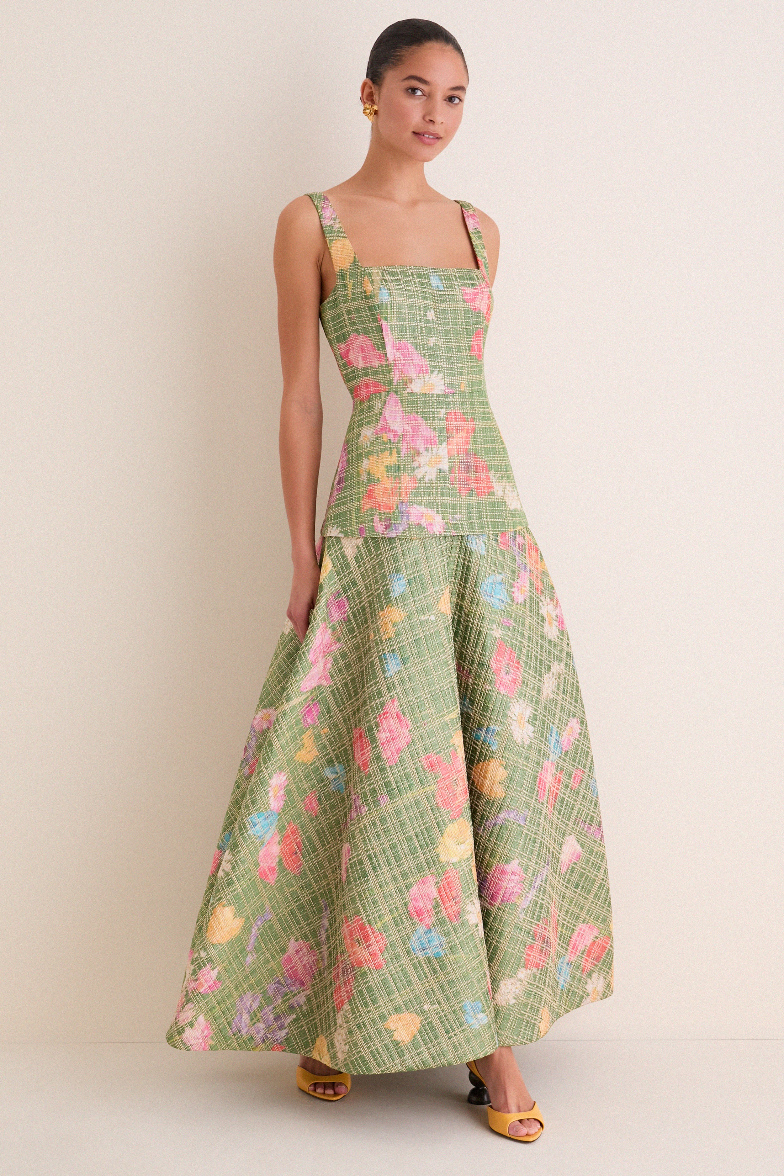 Cactus Multi Floral Raffia Poplin Square Neck Dress