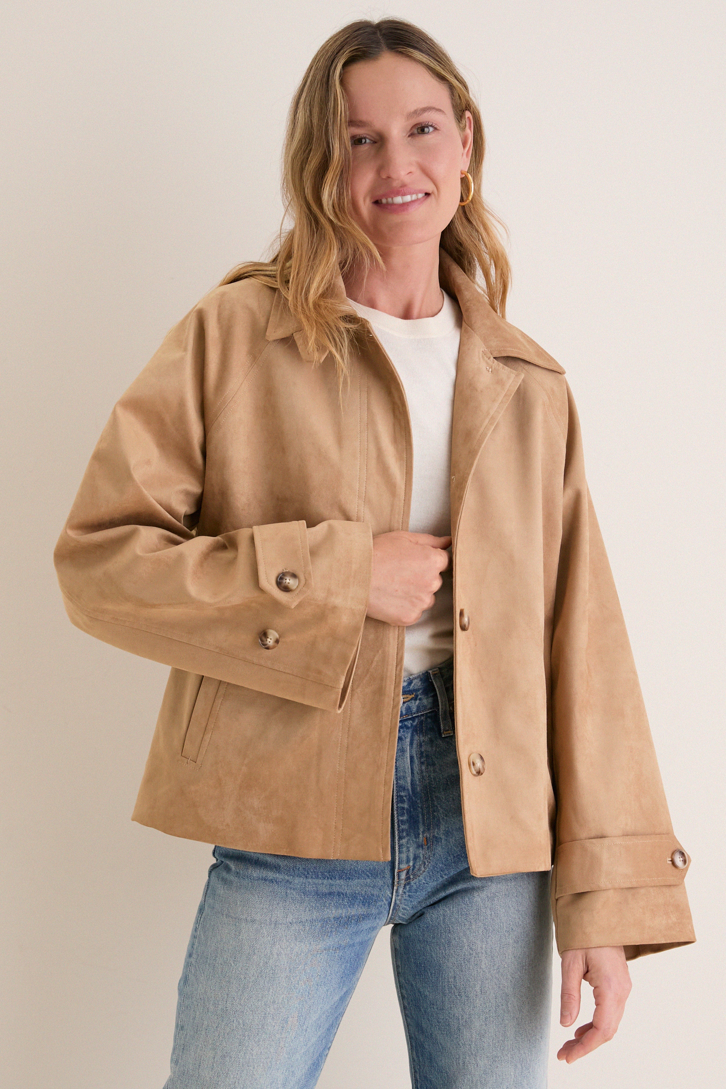 Camel Suede Drew Short Trench Coat - Image 7