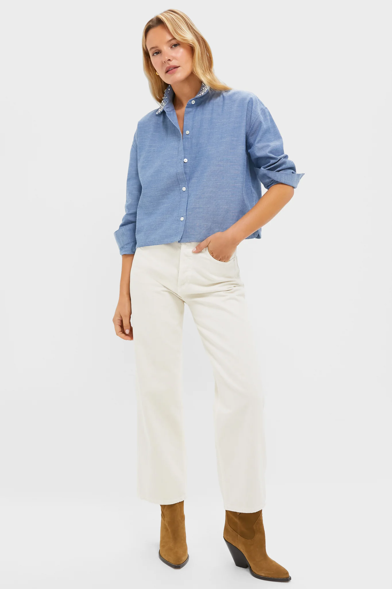 Chambray Denim Embellished Cropped Jasper Button Down - Image 6