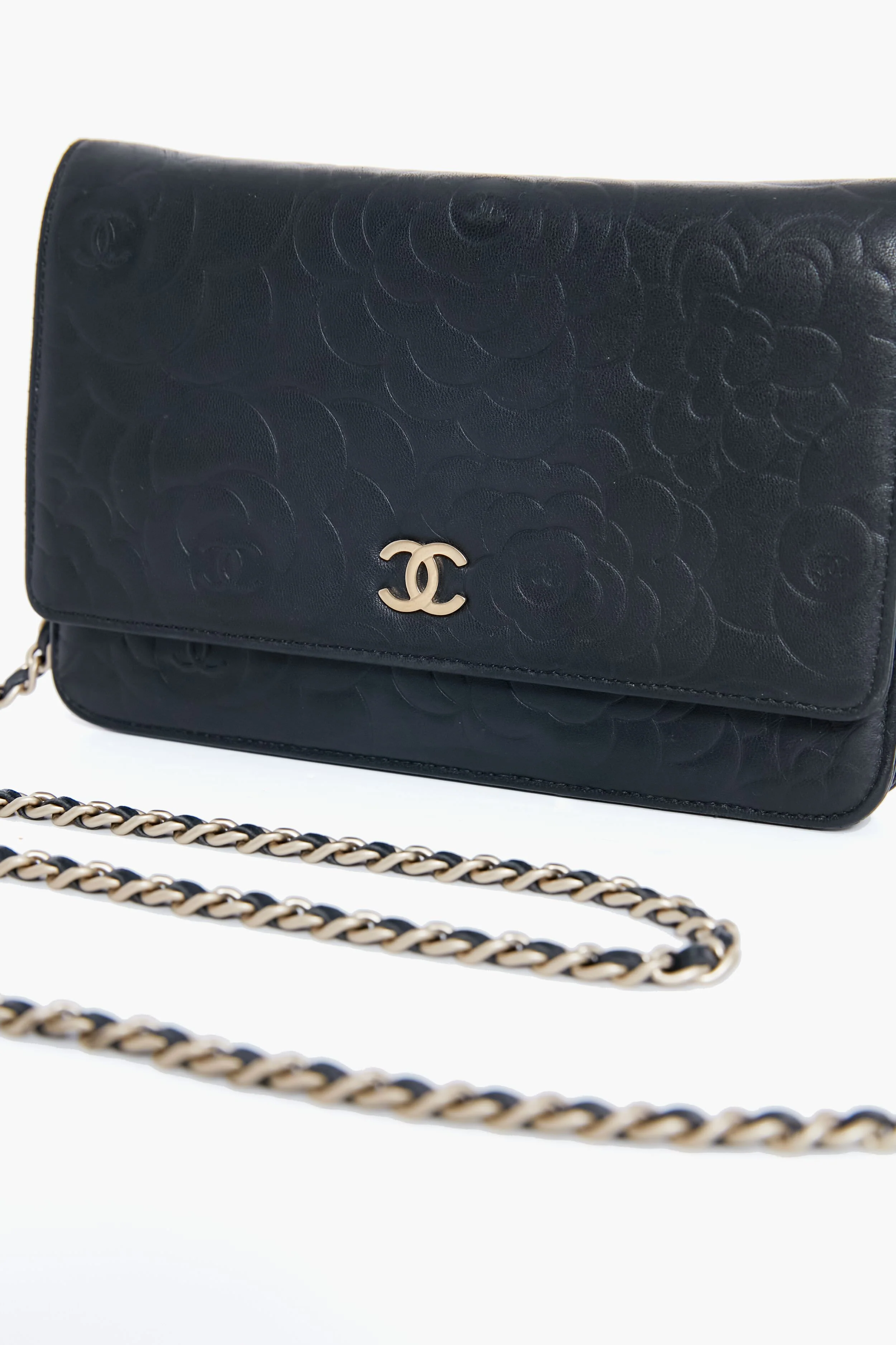 CHANEL Black Camellia Leather Wallet On Chain - Image 6