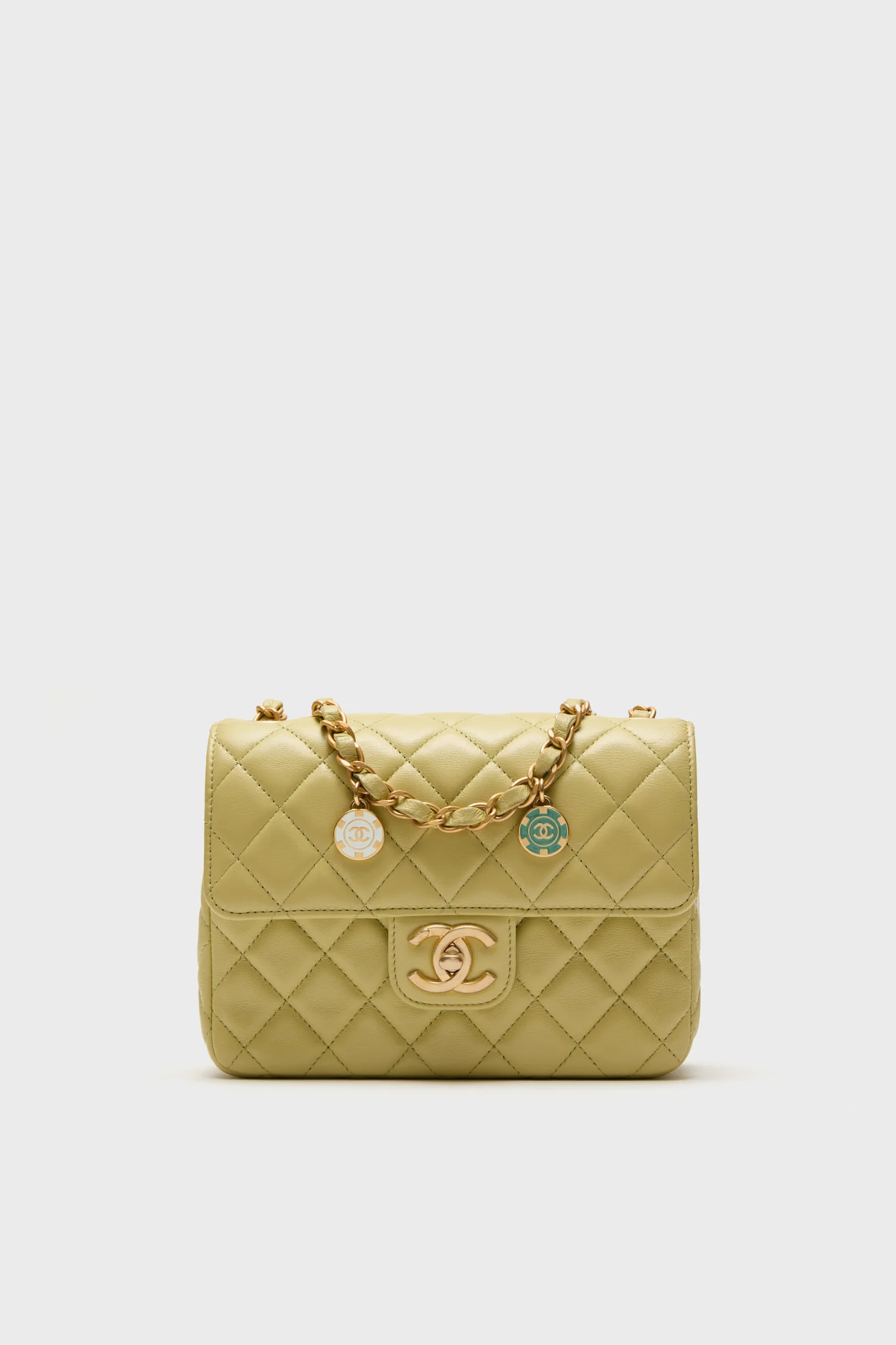 CHANEL Green Classic Lambskin Casino Royale Charms Single Flap Bag