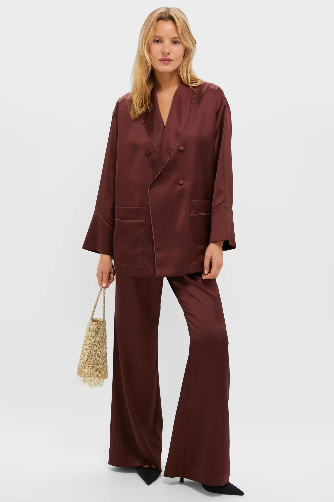 Chocolate Satin Smoking Jacket - Image 2