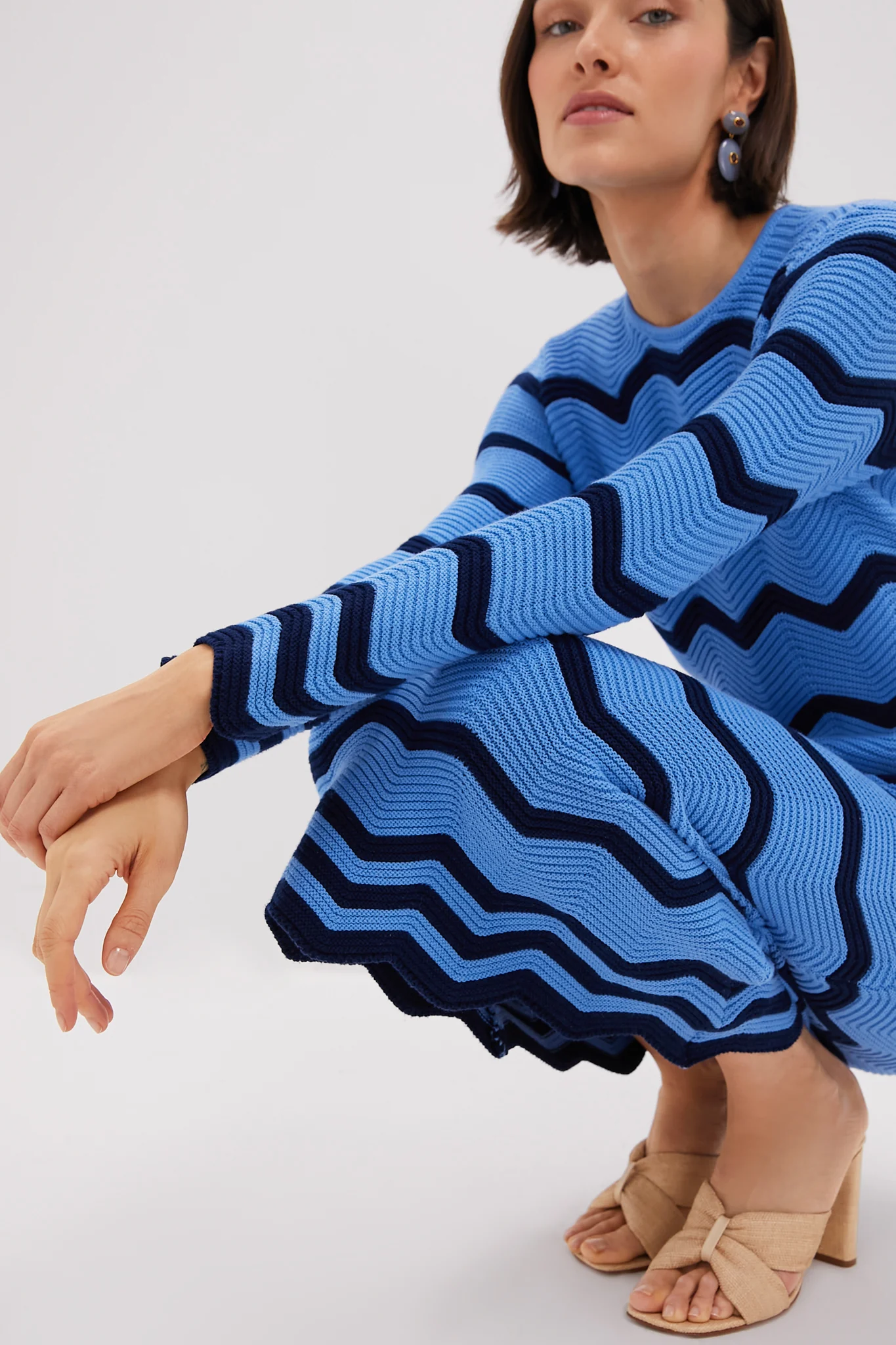 Cornflower Blue & Navy Zig-Zag Stripe Callan Knit Midi Dress - Image 6