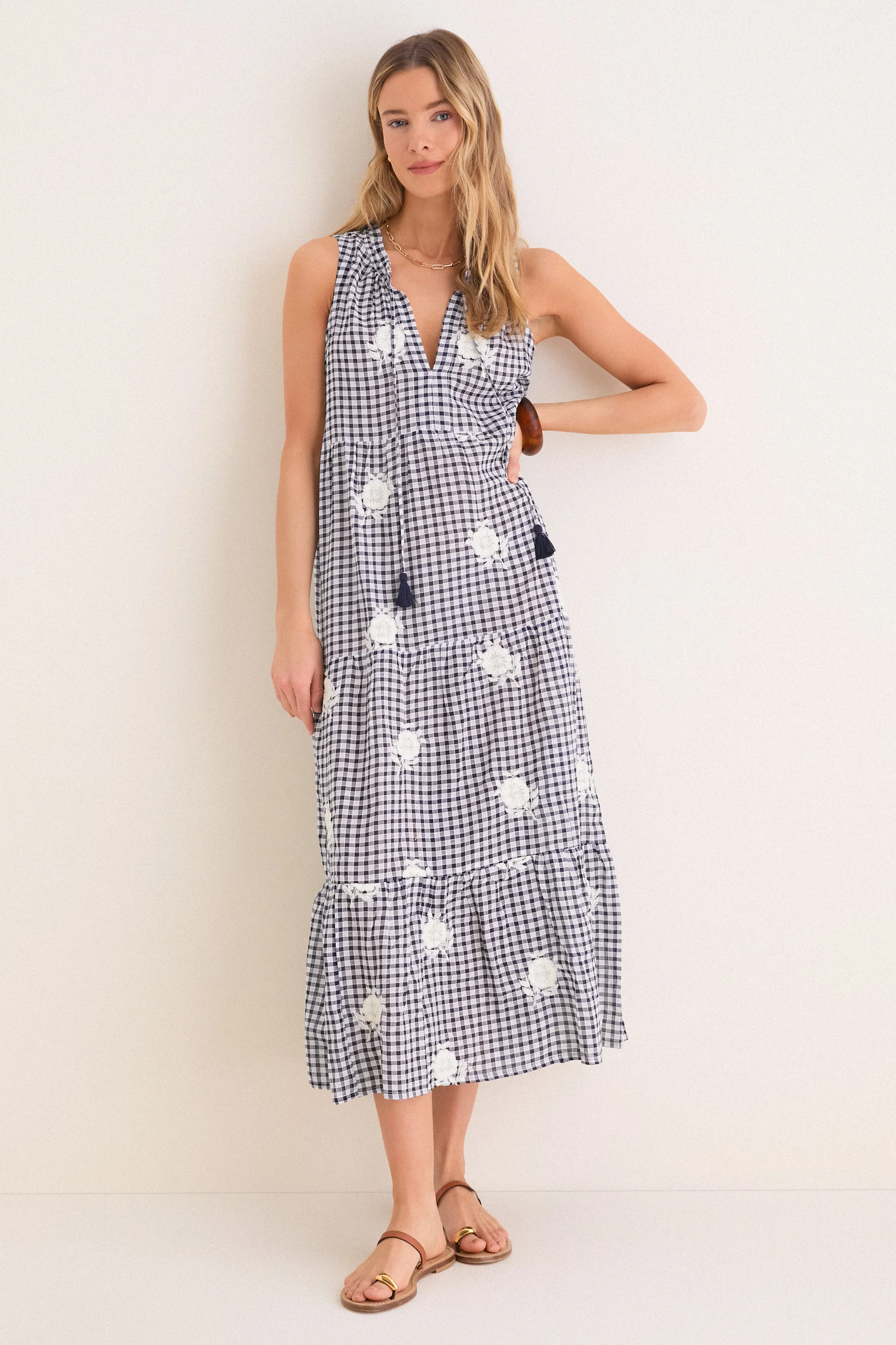 Sapphire Gingham Embroidered Sleeveless Salty Paloma Caftan - Image 3