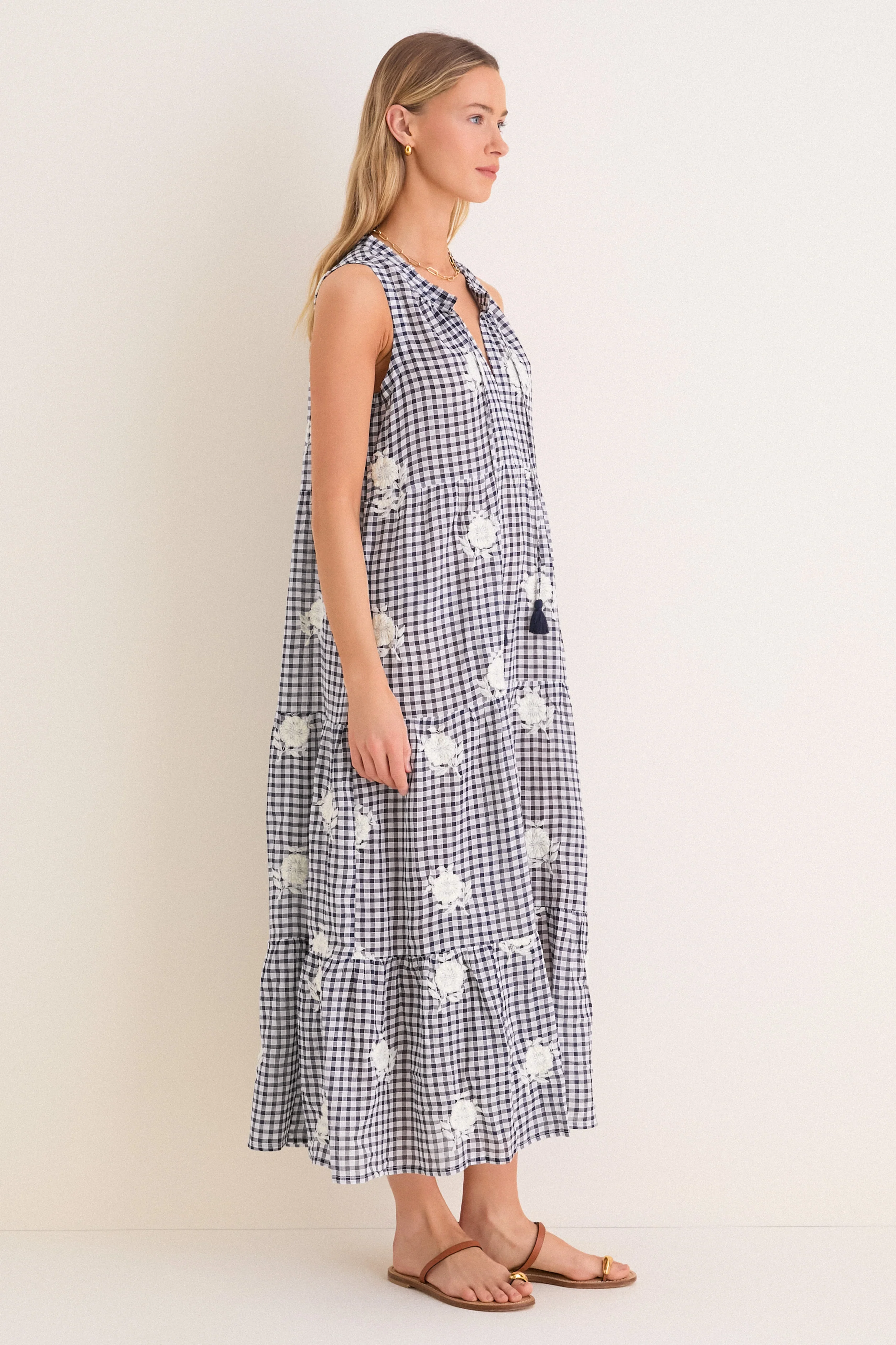 Sapphire Gingham Embroidered Sleeveless Salty Paloma Caftan - Image 5
