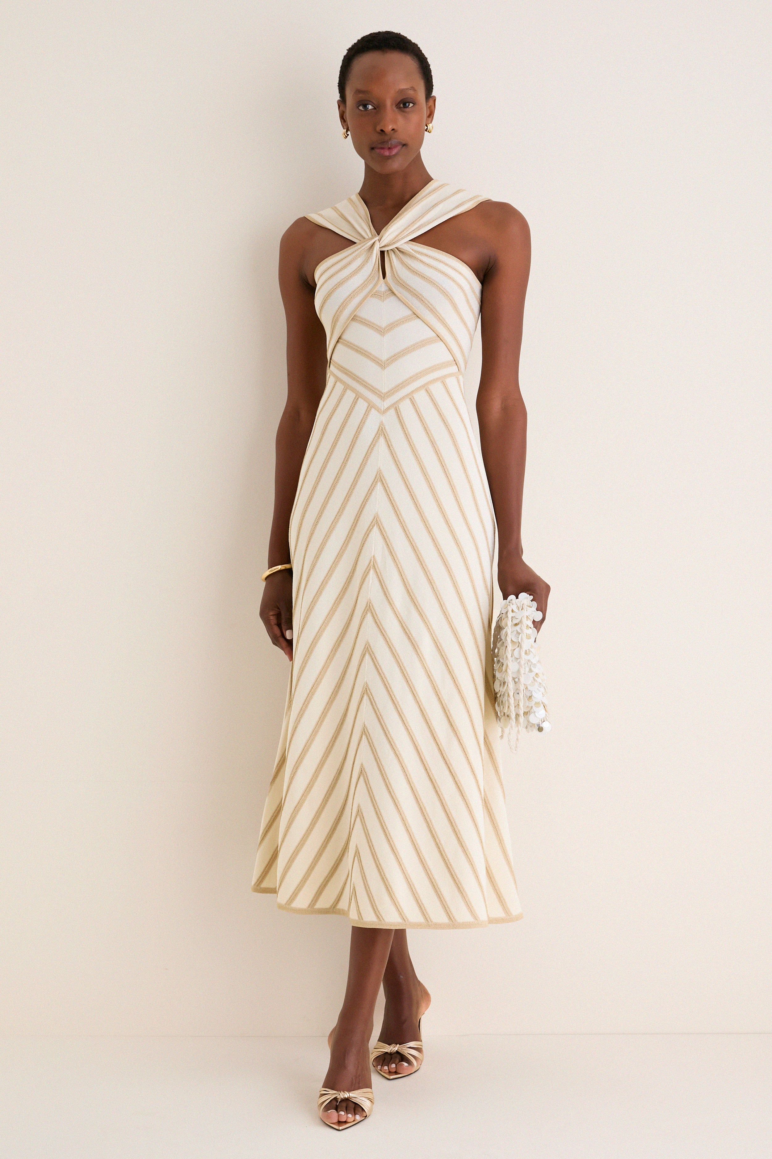 Cream and Gold Luna Metallic Halter Dress - Image 2