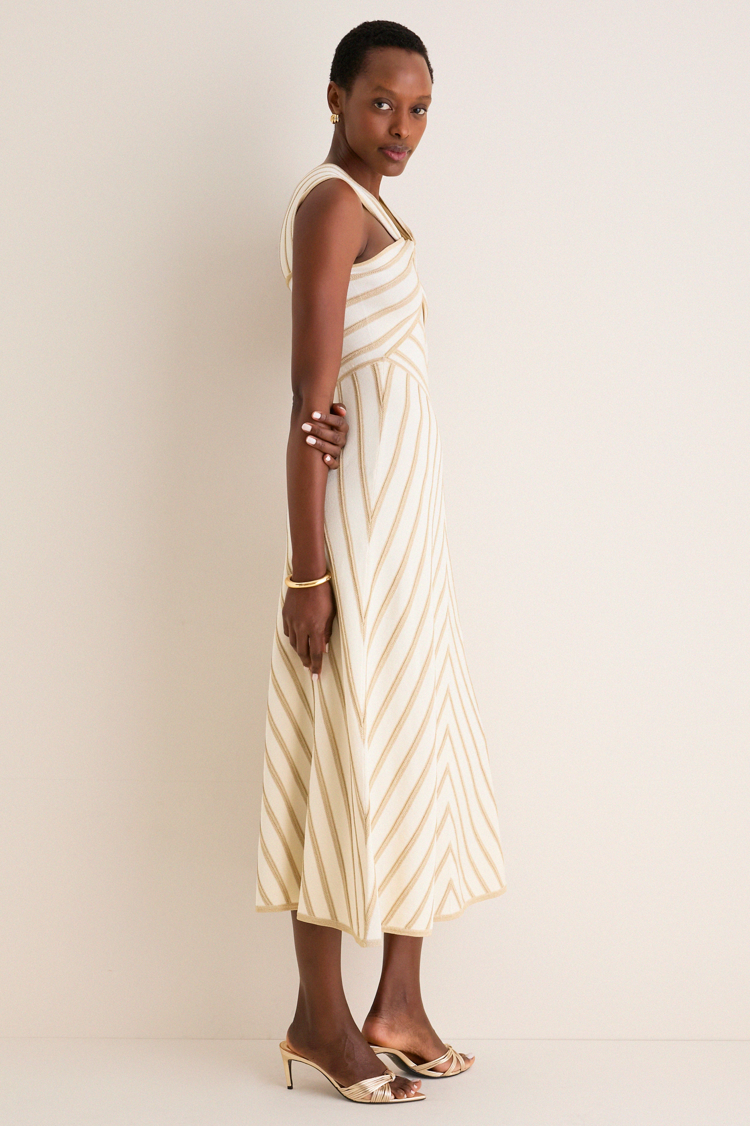 Cream and Gold Luna Metallic Halter Dress - Image 3