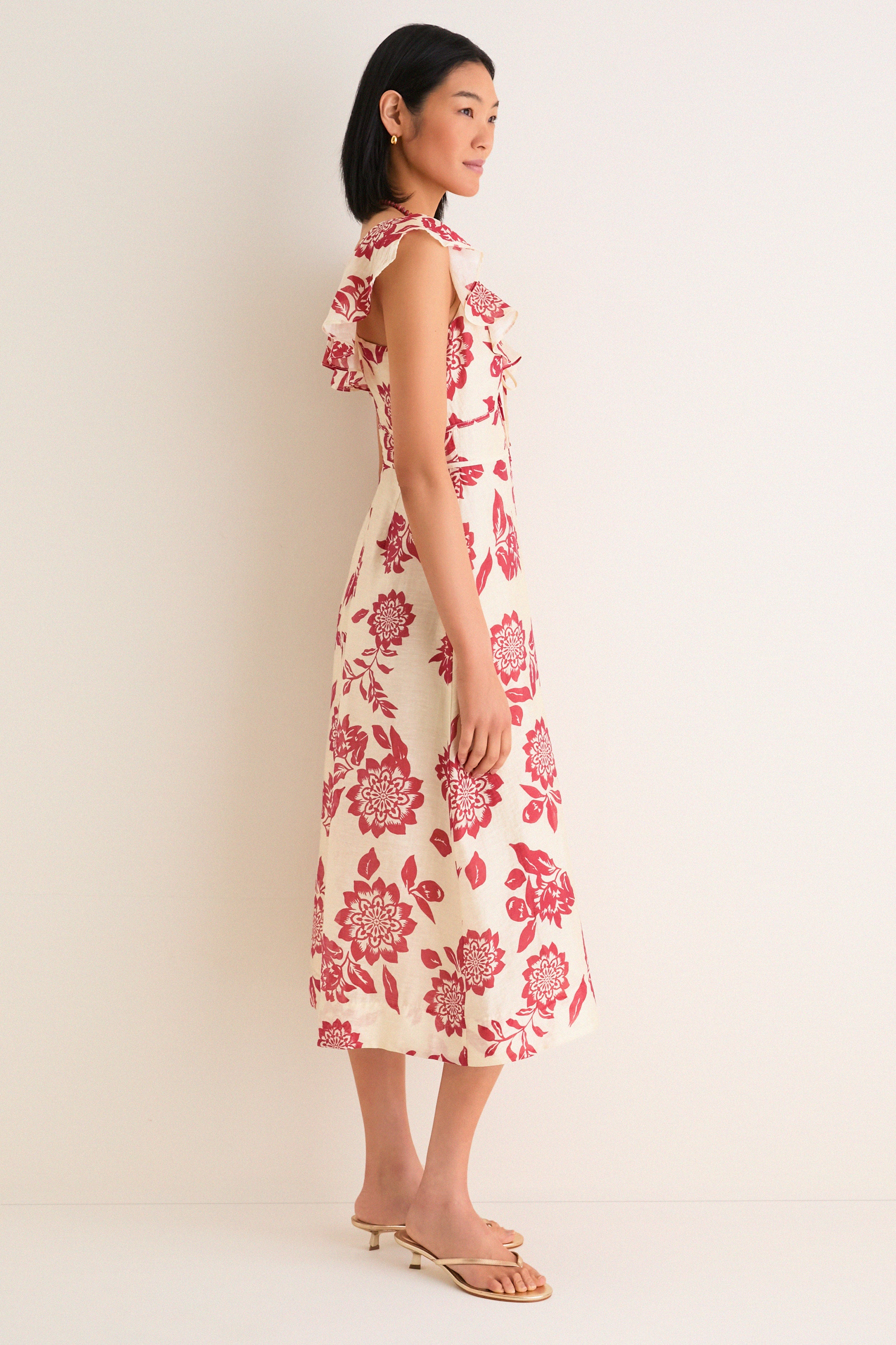Cream and Red Jacqueline Flutter Sleeve Midi Dress - Image 3