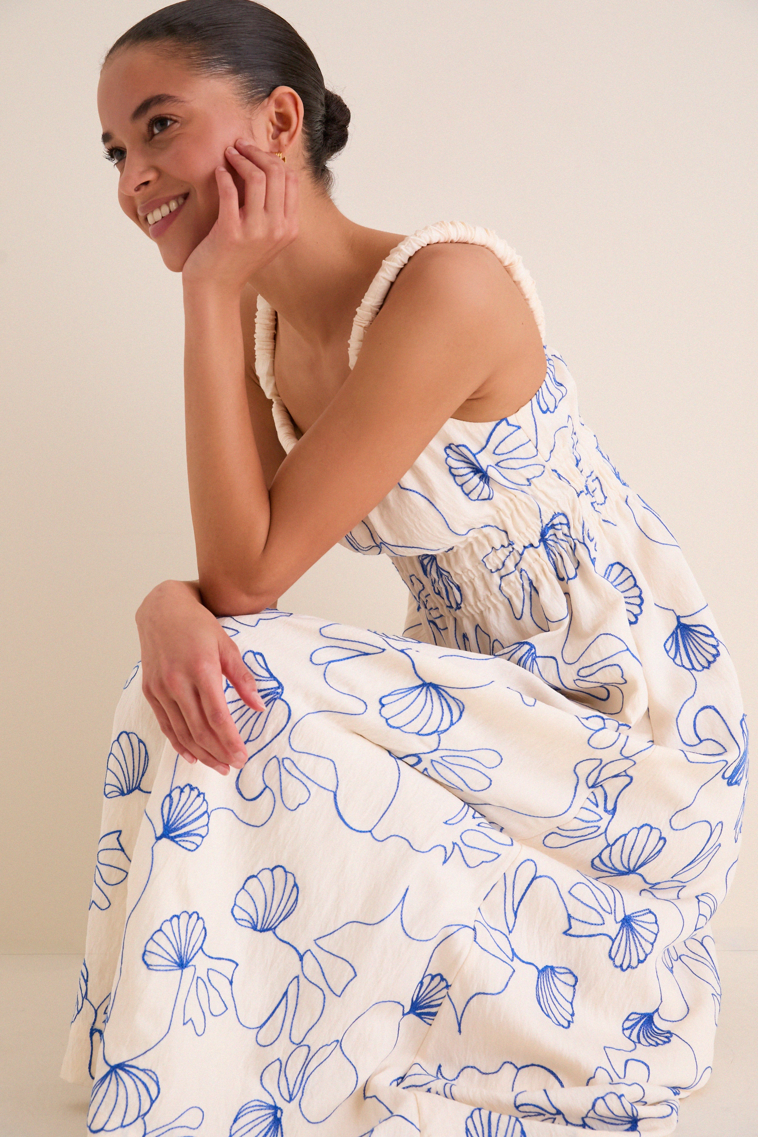 Cream & Royal Blue Embroidered Beverly Maxi Dress - Image 7