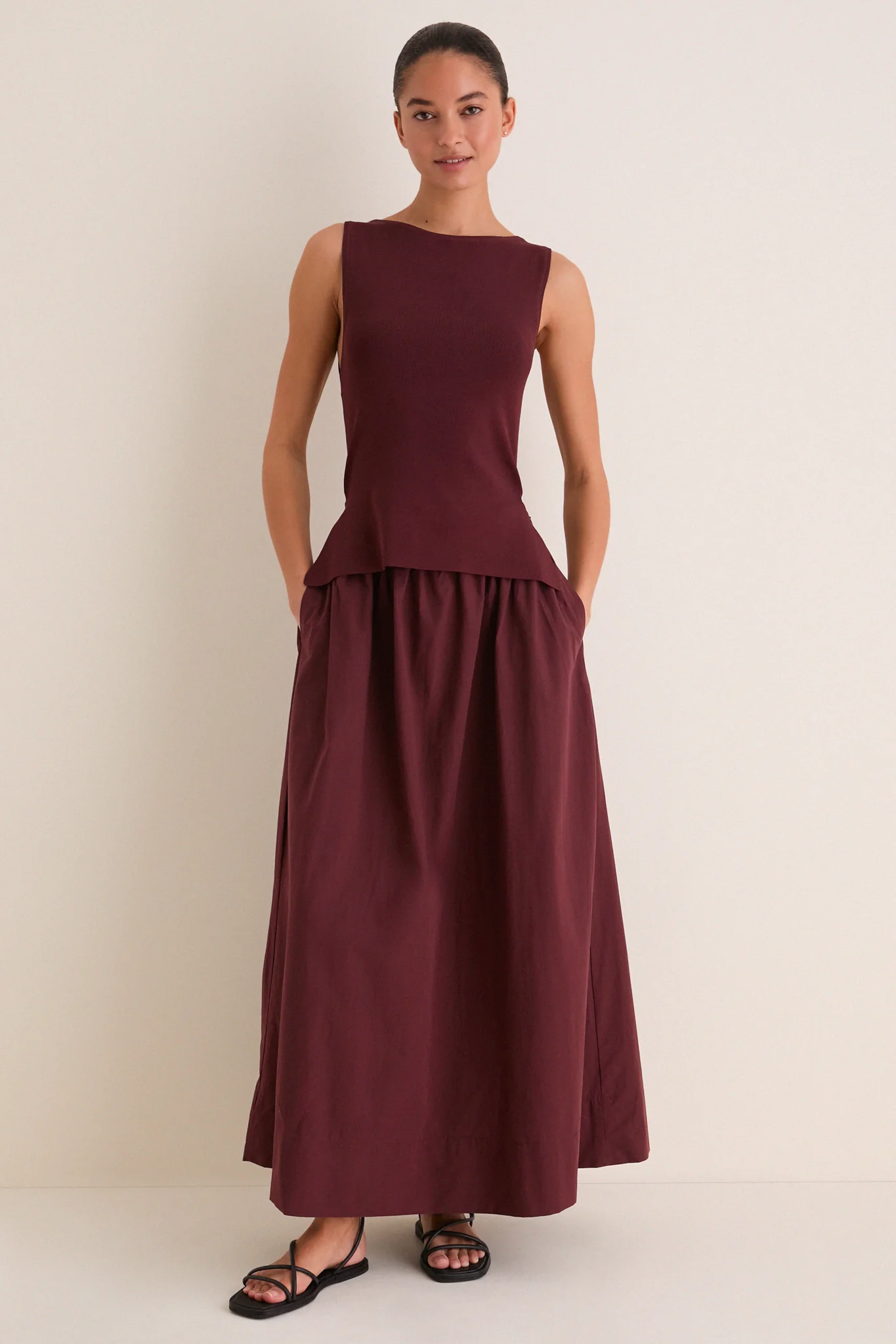 Dark Cherry Boatneck Mix Media Midi Dress