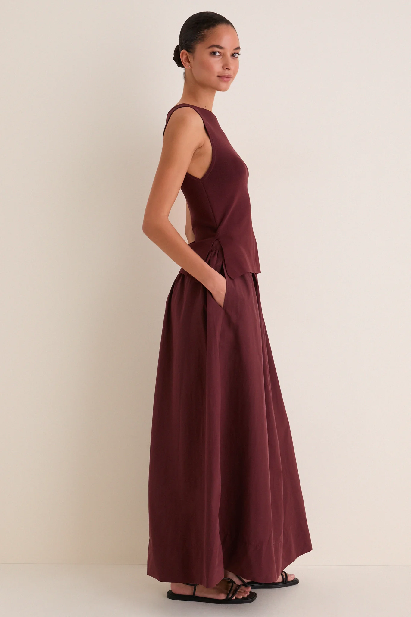 Dark Cherry Boatneck Mix Media Midi Dress - Image 3