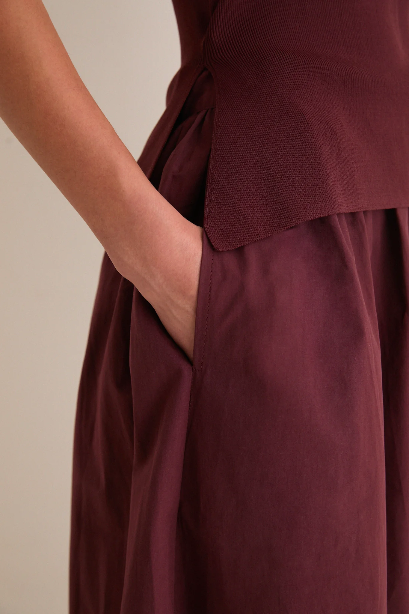 Dark Cherry Boatneck Mix Media Midi Dress - Image 5