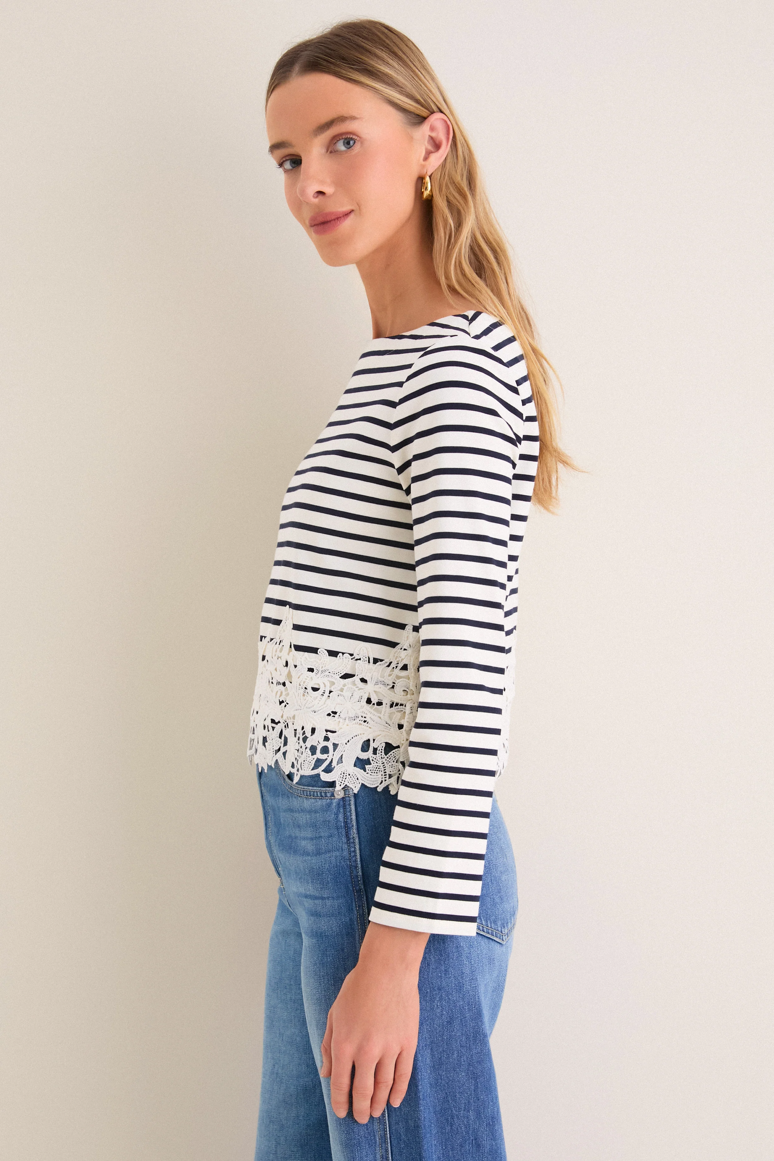 Dove and Navy Stripe Hovey Top with Lace - Image 3