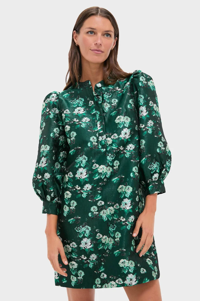 Emerald Magnolia Floral Jacquard Samantha Dress