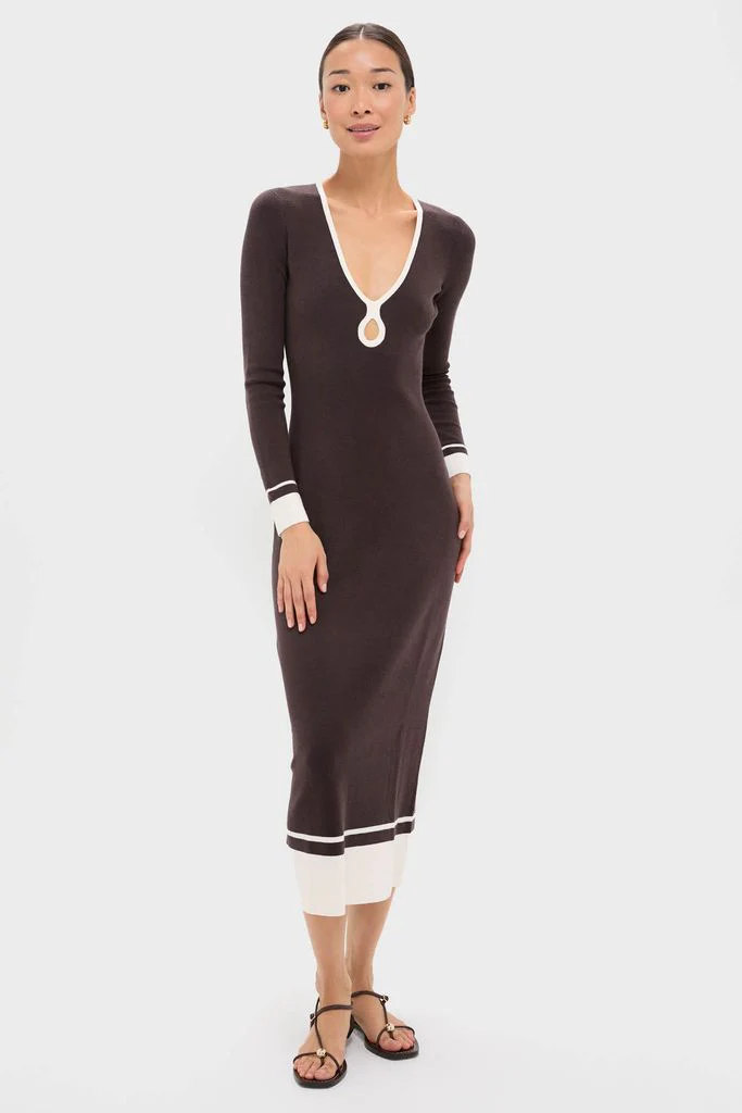 Espresso Egret Long Sleeve Ribbed Maxi Dress