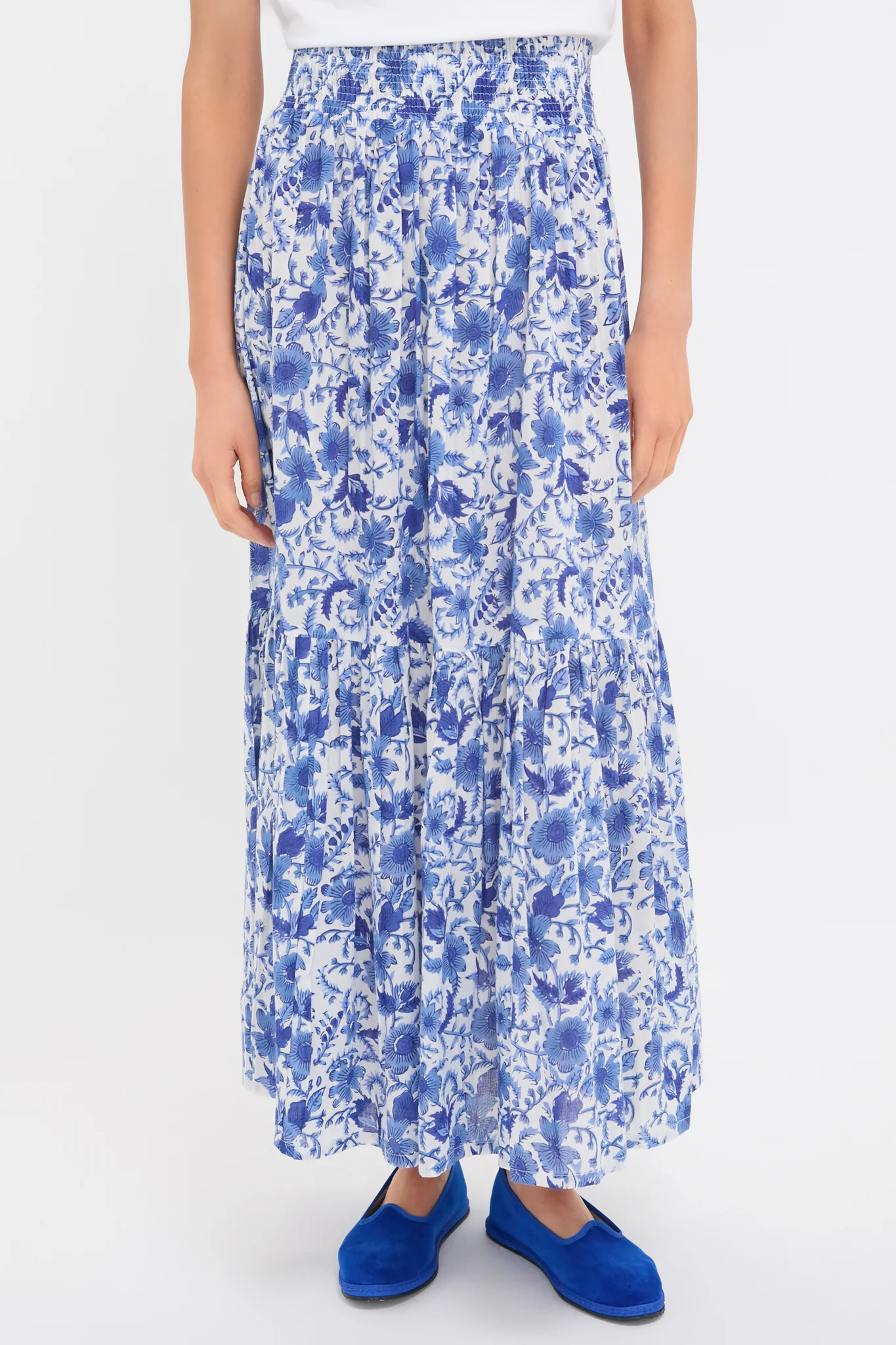 Exclusive Blue Morning Flower Print Shirred Skirt