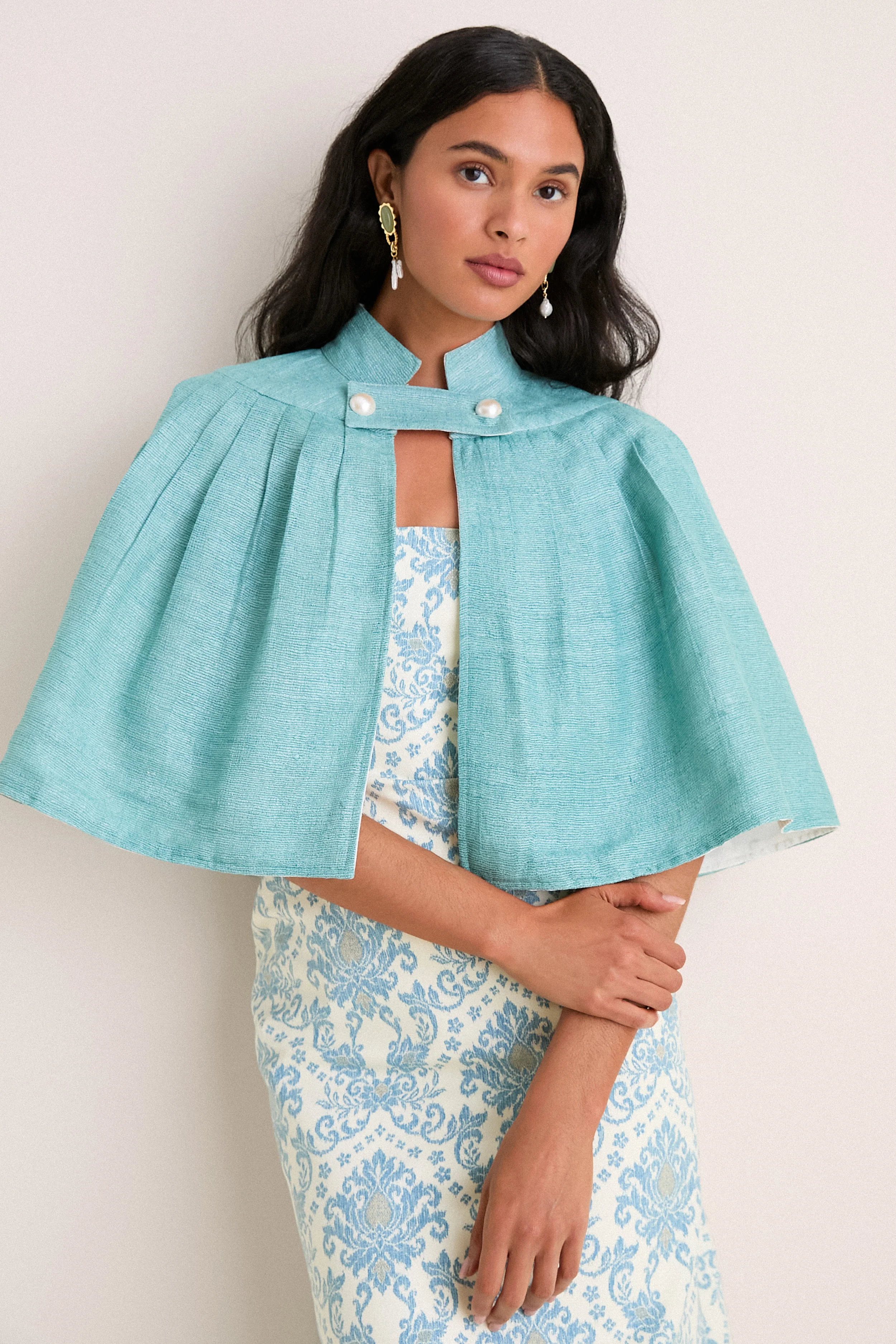 Exclusive Aqua Silk and Ivory Faille Reversible Cape