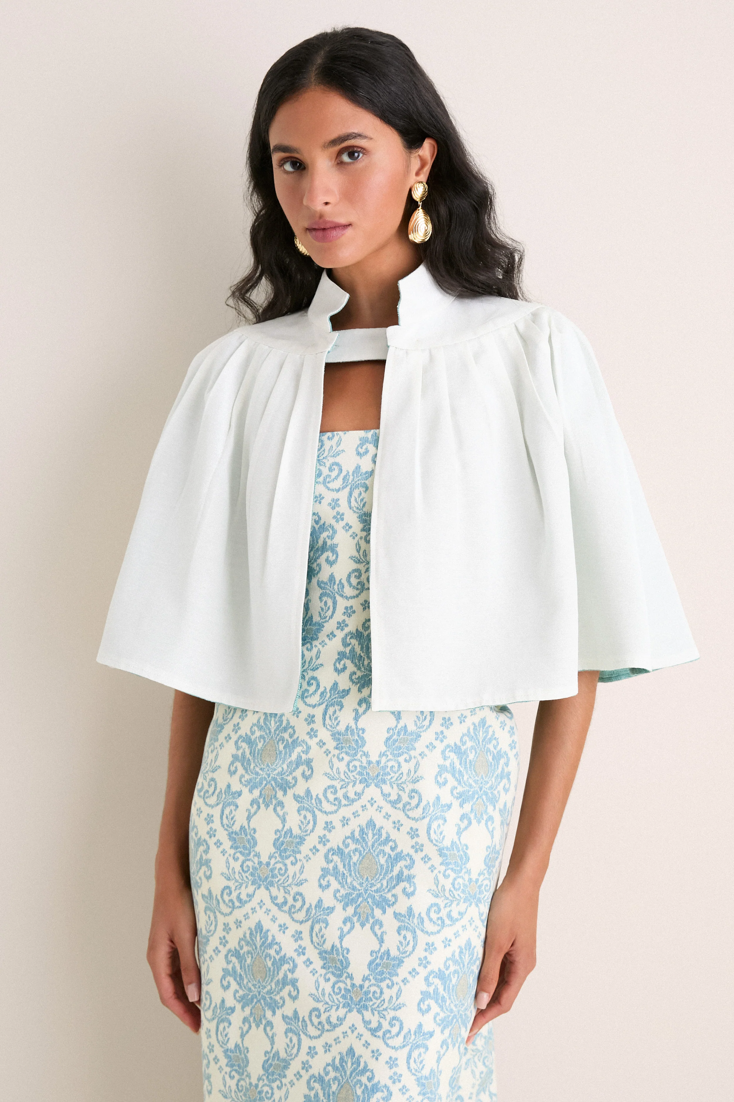 Exclusive Aqua Silk and Ivory Faille Reversible Cape - Image 8