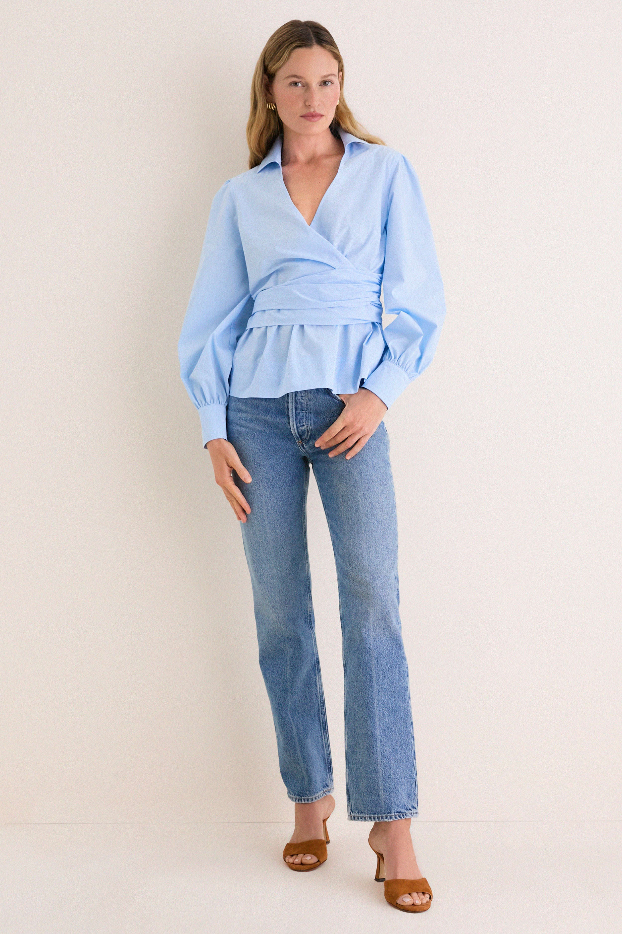 French Blue Tie Front Bow Bea Blouse - Image 6